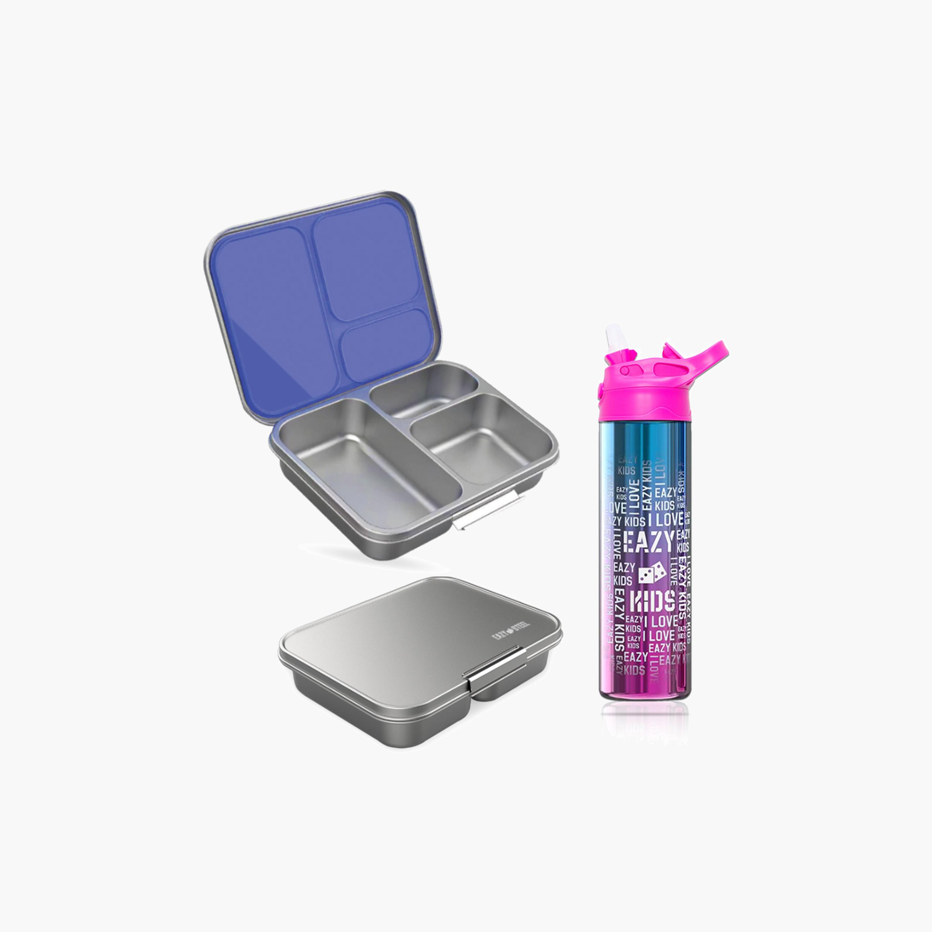 صندوق غداء بينتو من الستانلس ستيل 3 أقسام مع زجاجة ماء من إيزي كيدز - 530 مل-school-lunchessentials-lunchboxes-image-1