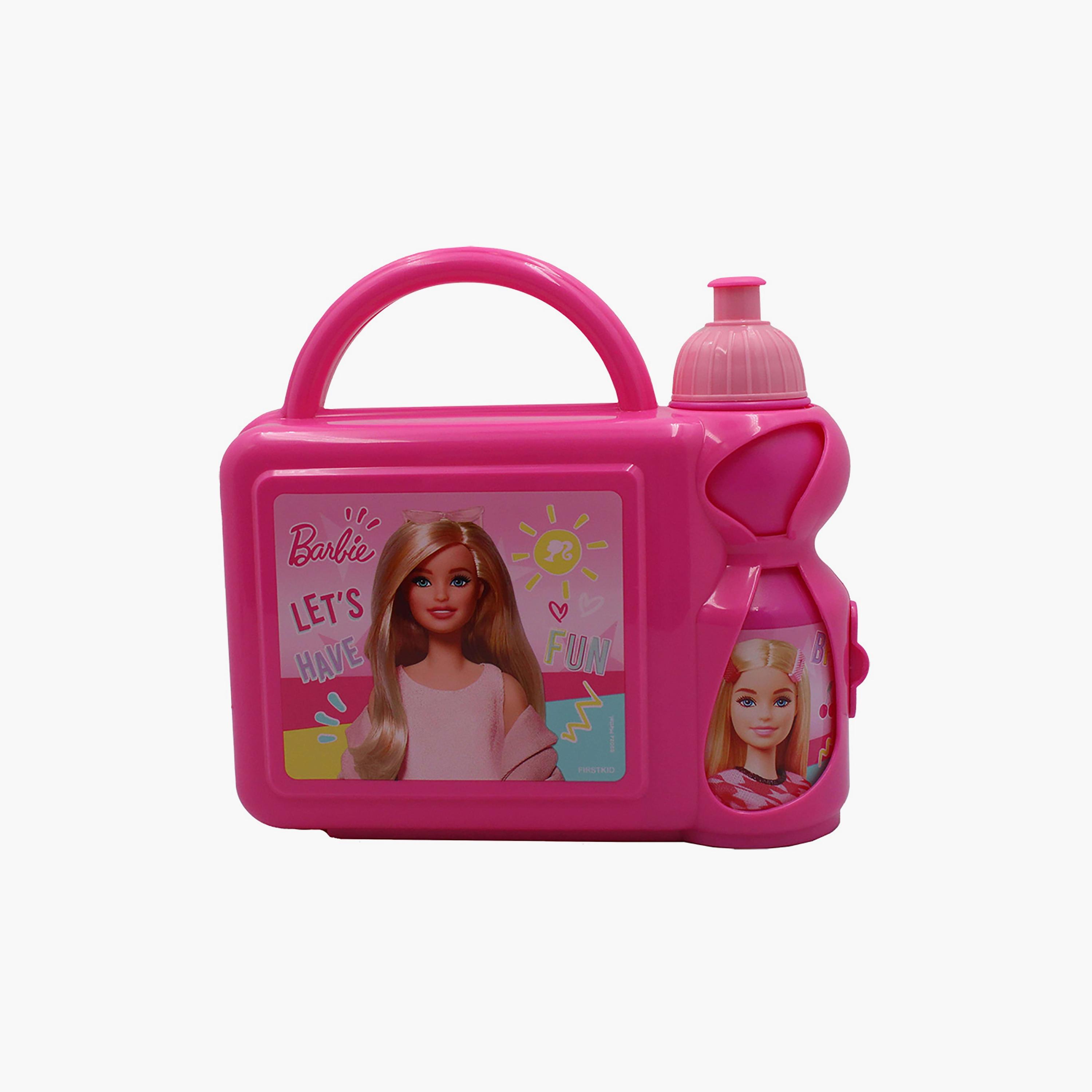 صندوق غداء مع زجاجة مياه بطبعة باربي - وردي - 350 مل-school-lunchessentials-lunchboxes-image-1