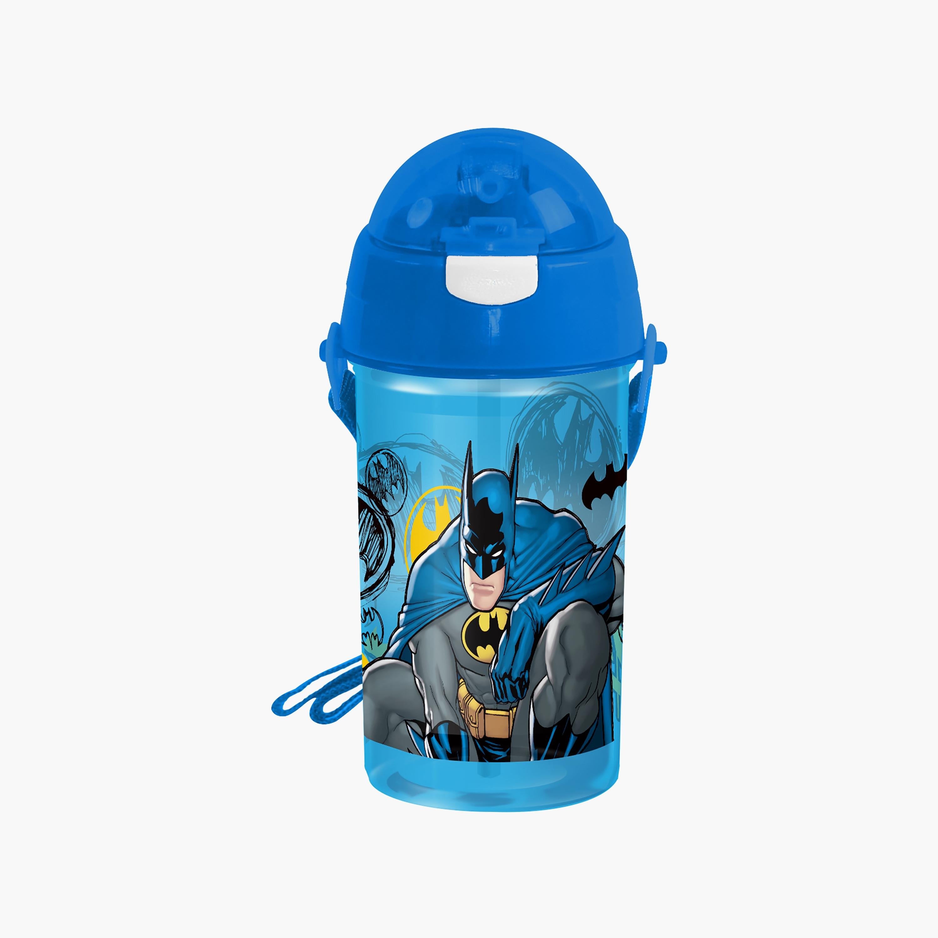 Batman Printed Pop-Up Canteen Water Bottle with Straw & Side Strap - Blue - 500 ml-school-waterbottles-image-1