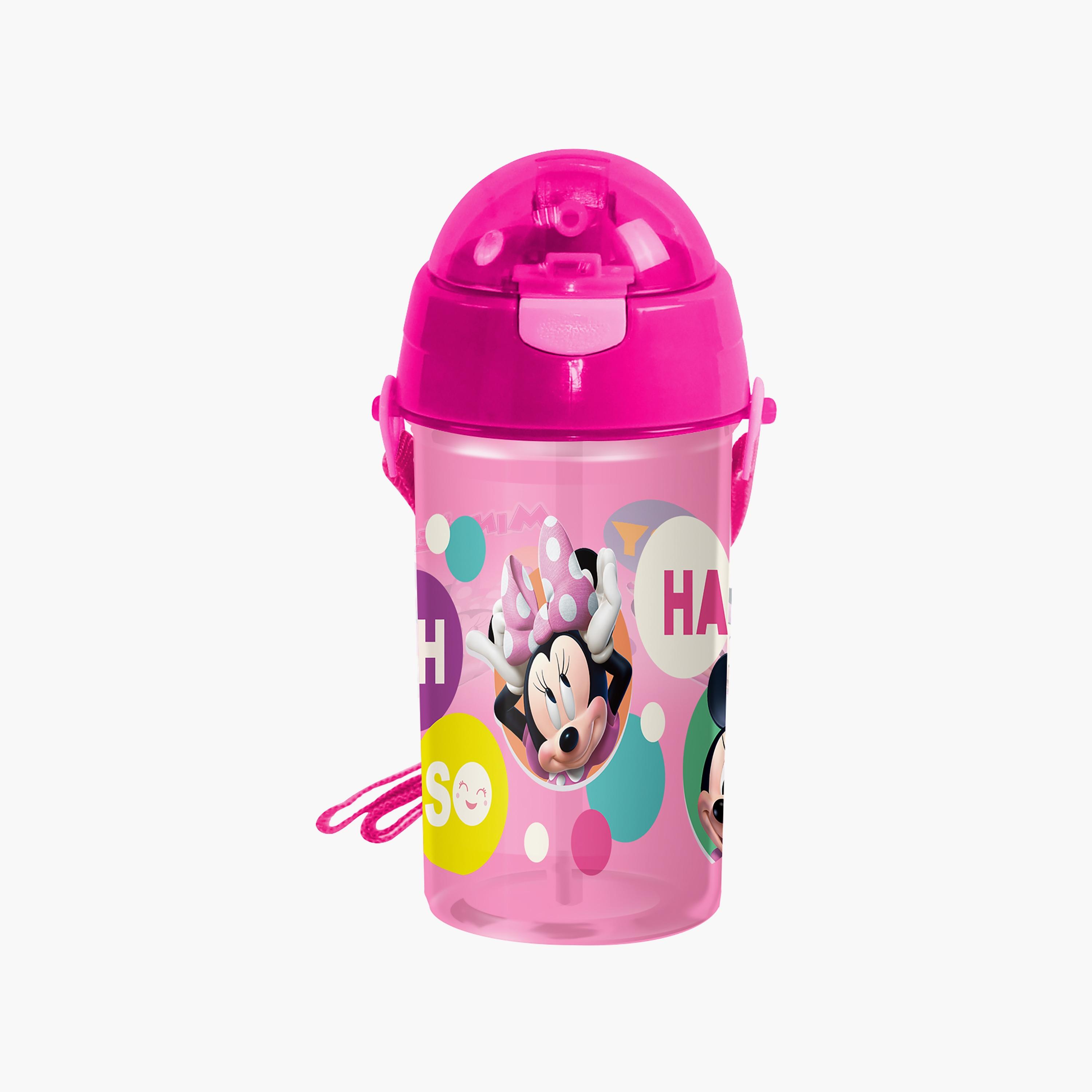 Disney Minnie Mouse Printed Pop-Up Canteen Water Bottle with Straw & Side Strap - Pink - 500 ml-school-waterbottles-image-2