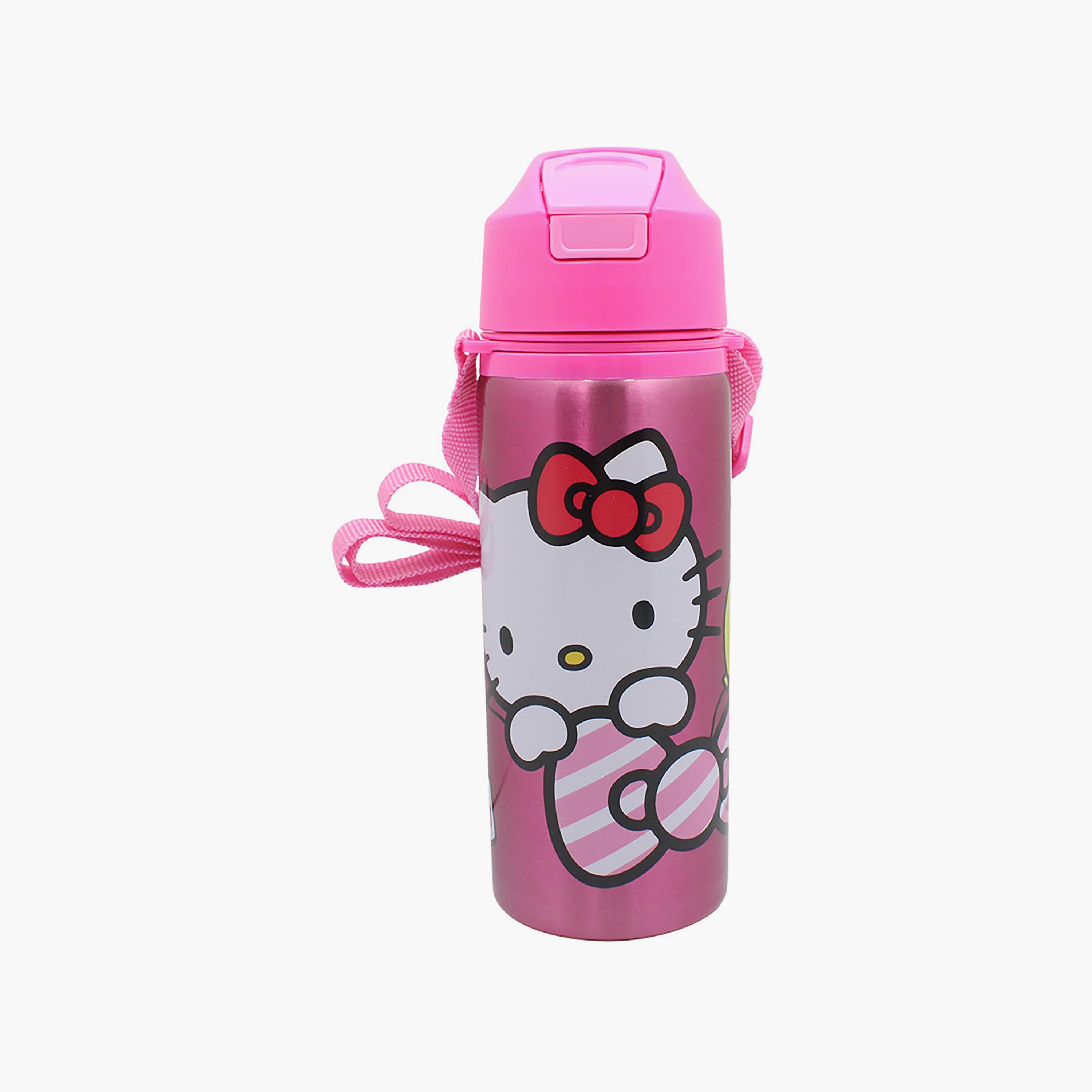 Hello Kitty Printed Pop-Up Stainless Steel Water Bottle with Straw & Adjustable Side Strap - Pink - 600 ml-school-waterbottles-image-1