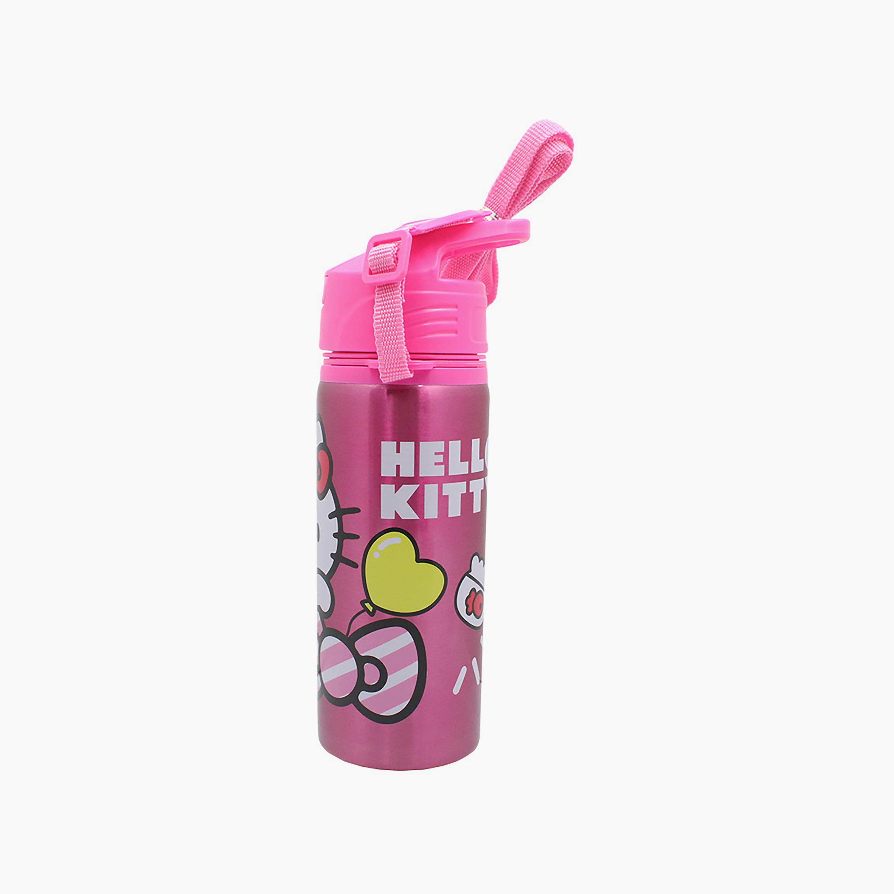 Hello Kitty Printed Pop-Up Stainless Steel Water Bottle with Straw & Adjustable Side Strap - Pink - 600 ml-school-waterbottles-image-3