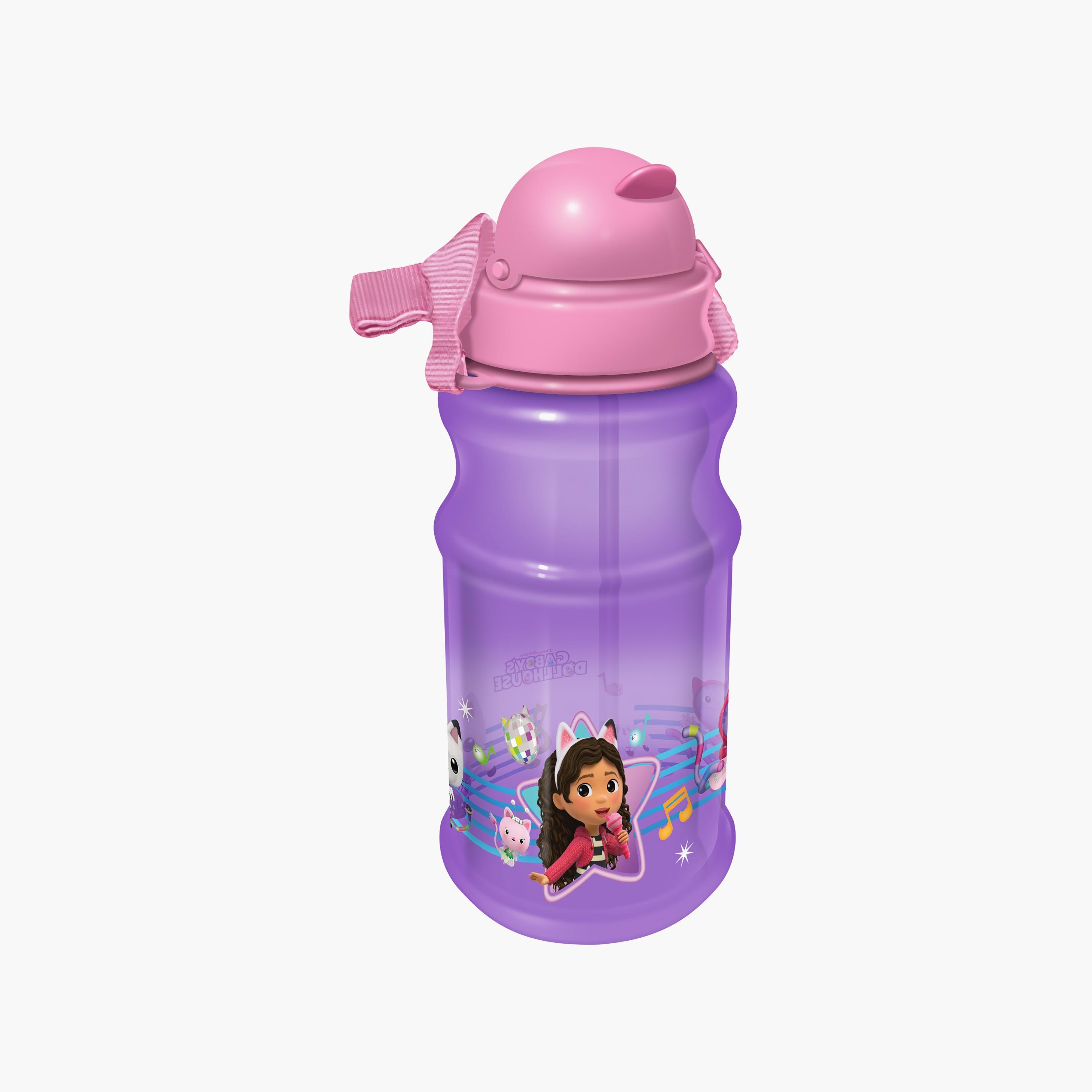 زجاجة مياه شفافة دائرية الشكل مع ماصة بطبعة جابيز دولهاوس - أرجواني - 500 مل-school-waterbottles-image-2