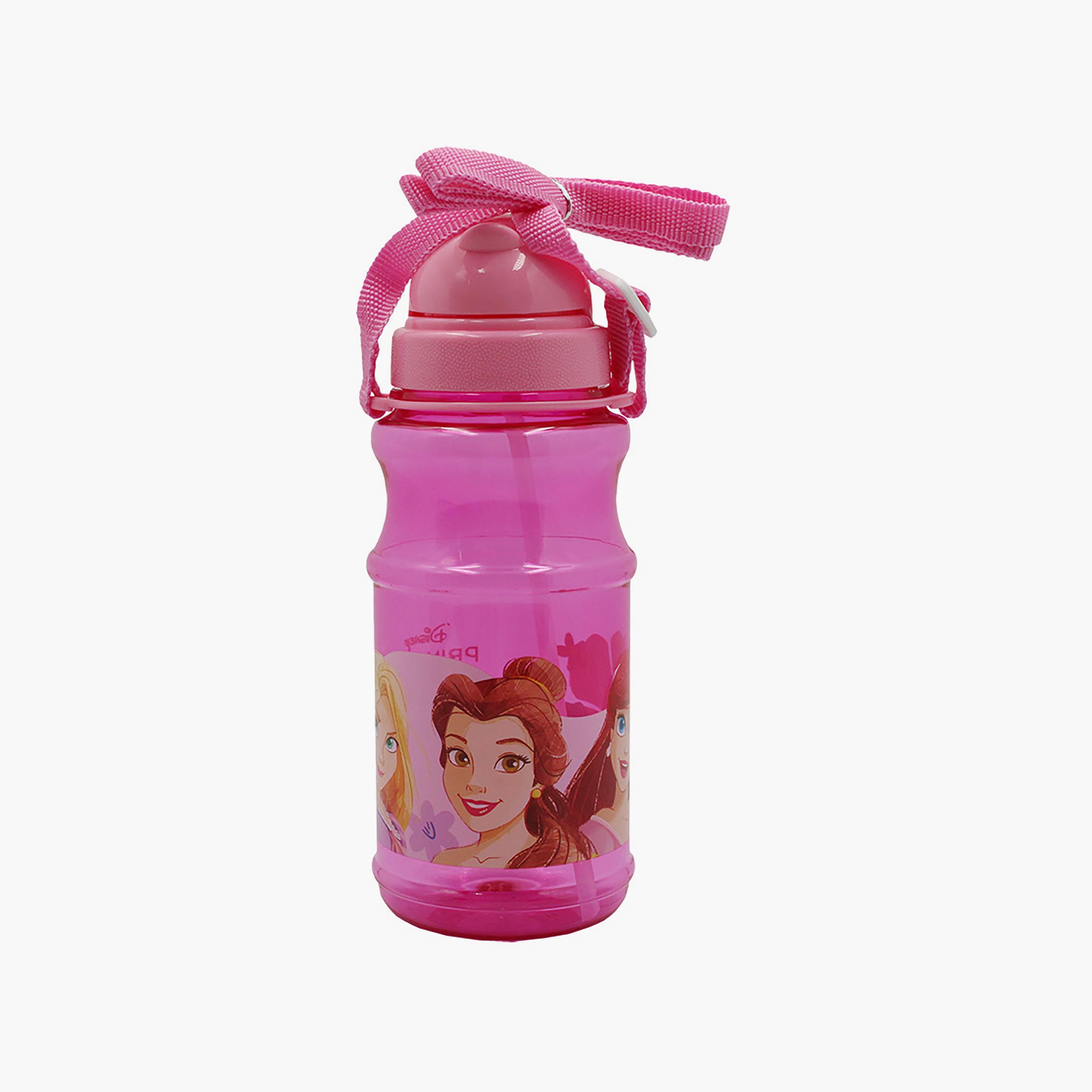 زجاجة مياه شفافة دائرية الشكل مع ماصة بطبعة أميرات ديزني - وردي - 500 مل-school-waterbottles-image-1
