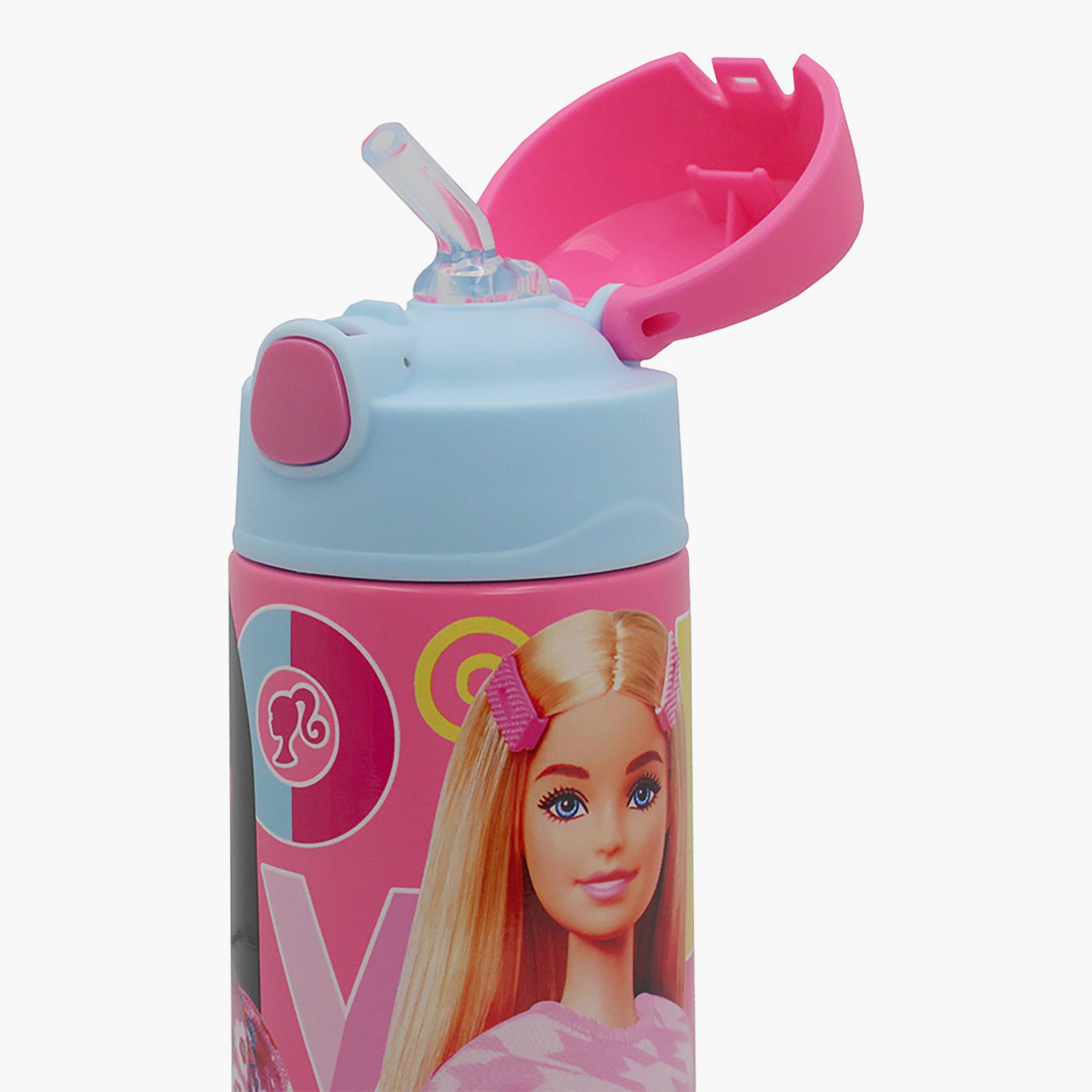 Barbie Printed Pop-Up Stainless Steel Water Bottle with Straw - Pink - 350 ml-school-waterbottles-image-3