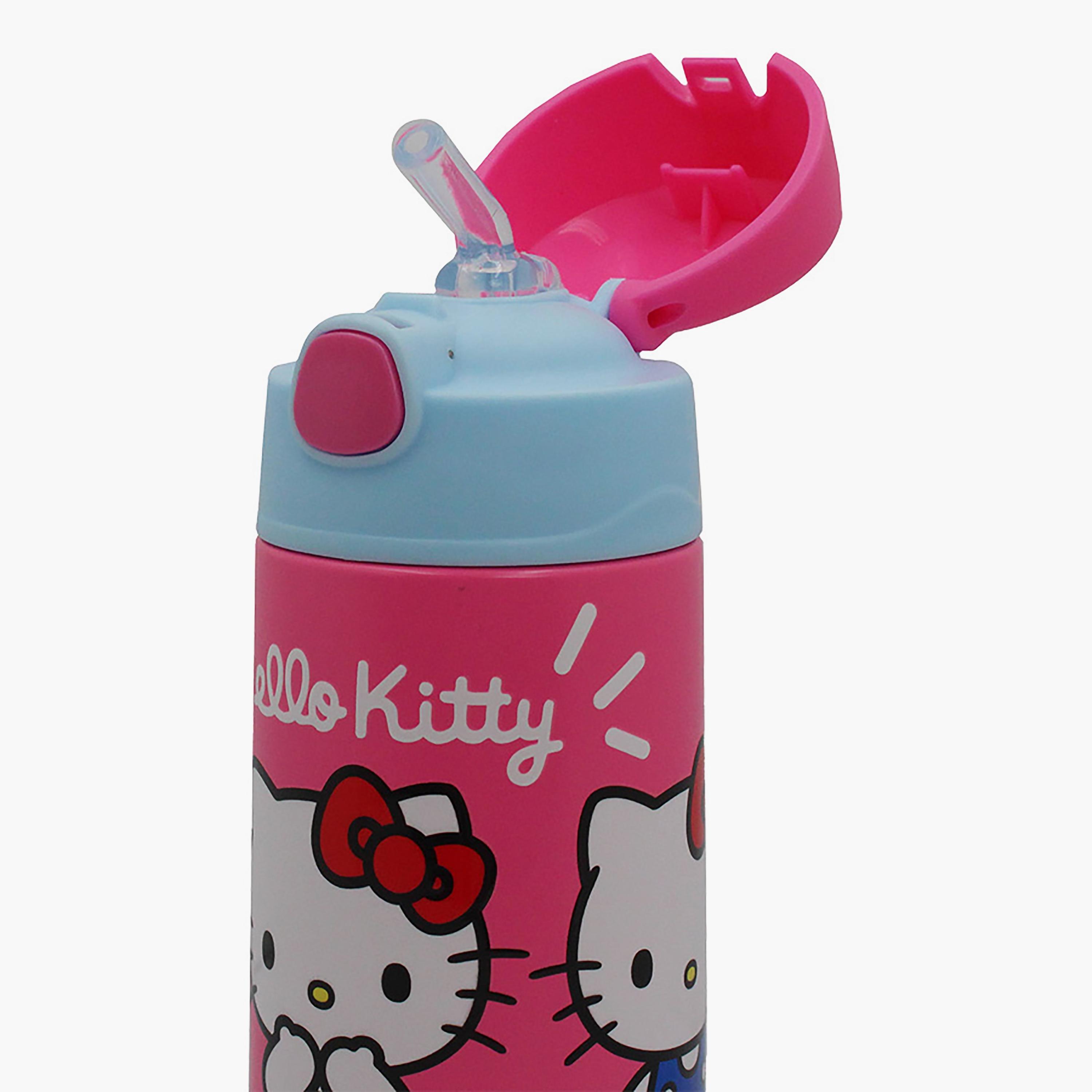 Hello Kitty Printed Pop-Up Stainless Steel Water Bottle with Straw - Pink - 350 ml-school-waterbottles-image-3