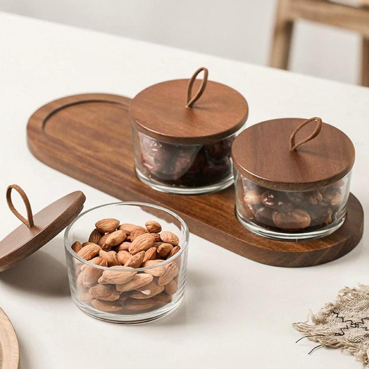 Shop Quesera 3-Piece Nut Jar Set with Wooden Tray | Homecentre UAE