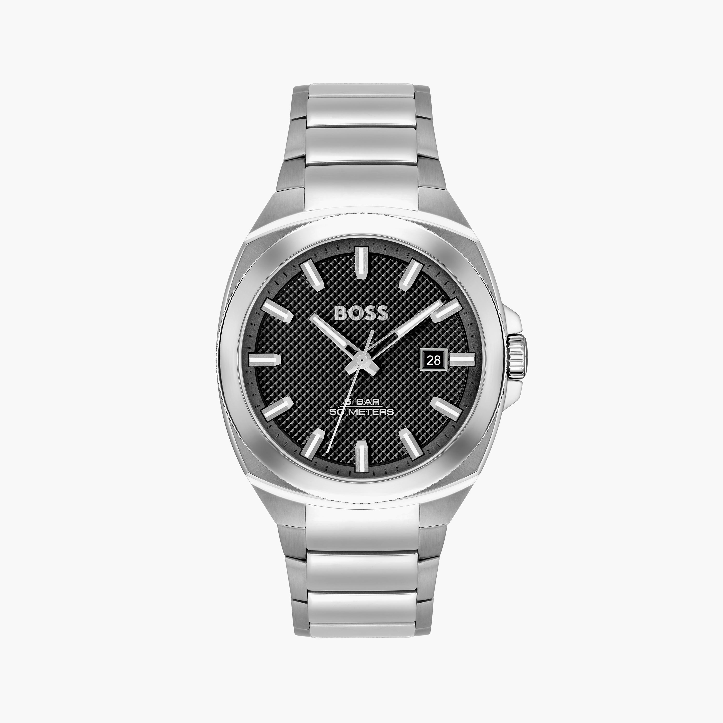 هوغو بوس- ساعة للرجال 41 ملم بسوار من الستانلس ستيل وقرص فضي | 1514136-men-watchesandjewellery-watches-image-1