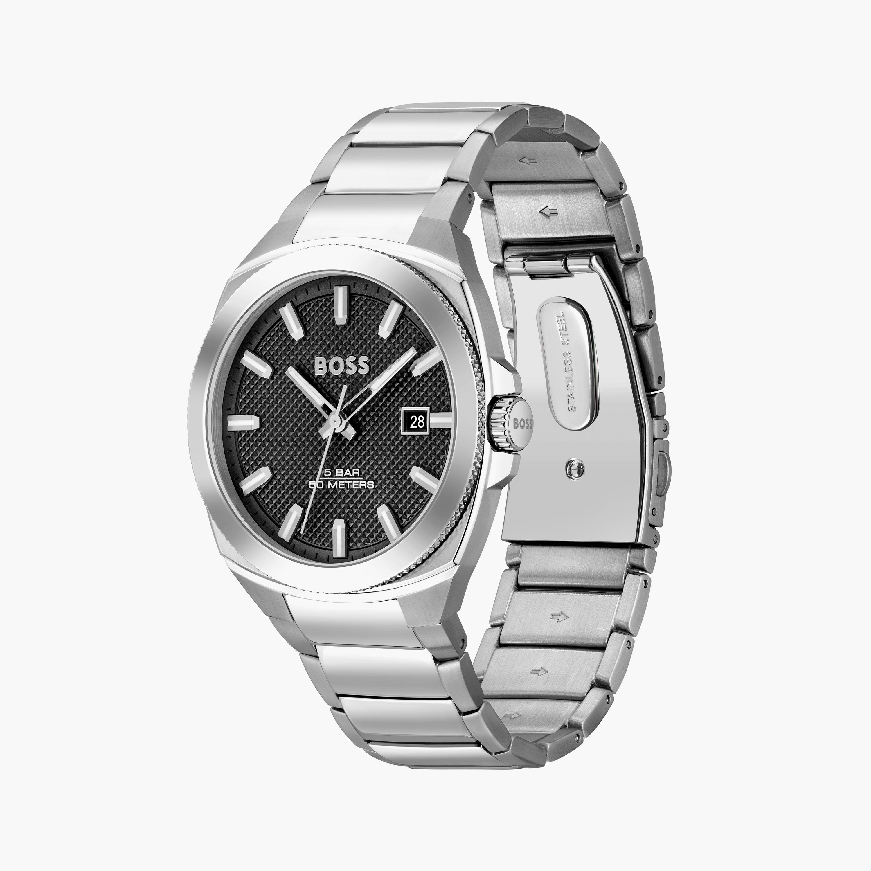 هوغو بوس- ساعة للرجال 41 ملم بسوار من الستانلس ستيل وقرص فضي | 1514136-men-watchesandjewellery-watches-image-2