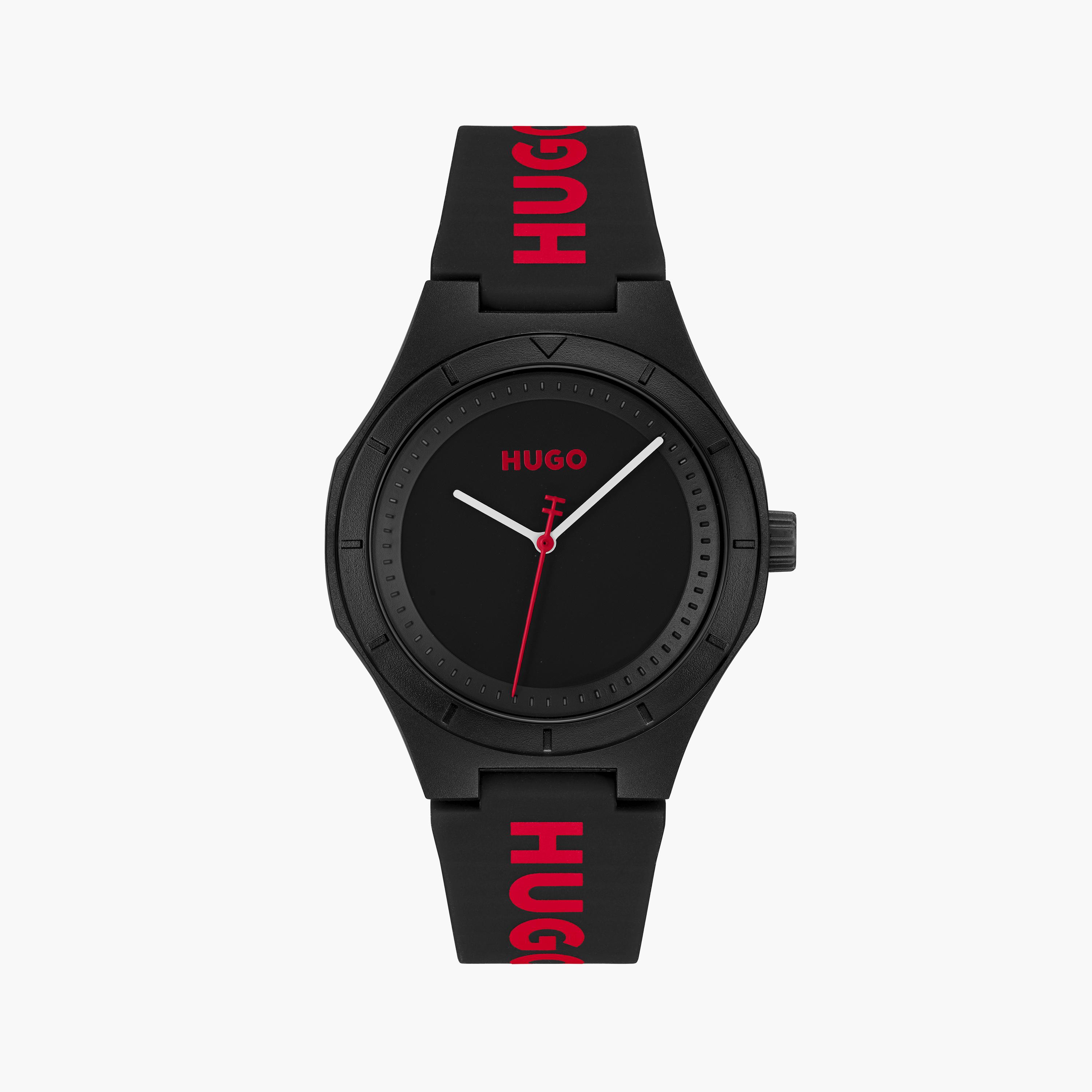 هوغو بوس- ساعة للرجال 42 ملم بسوار من السيليكون وقرص أسود | 1530343-men-watchesandjewellery-watches-image-1