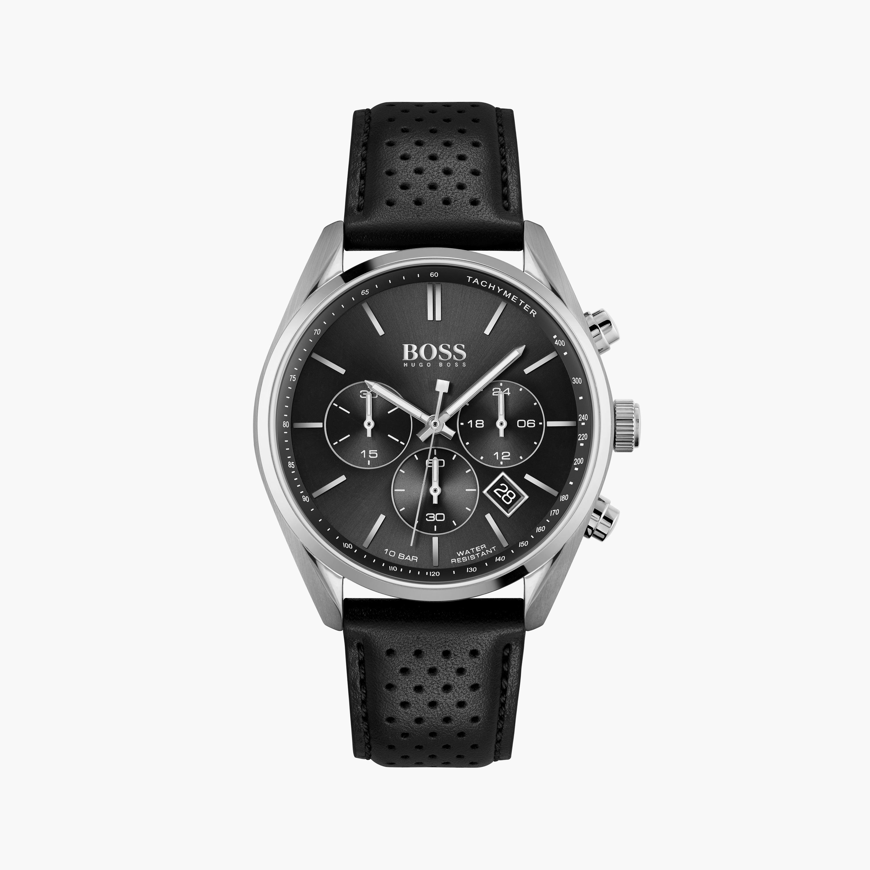 هوغو بوس- ساعة للرجال 44 ملم تناظرية من الجلد باللون الأسود | 1513816-men-watchesandjewellery-watches-image-1