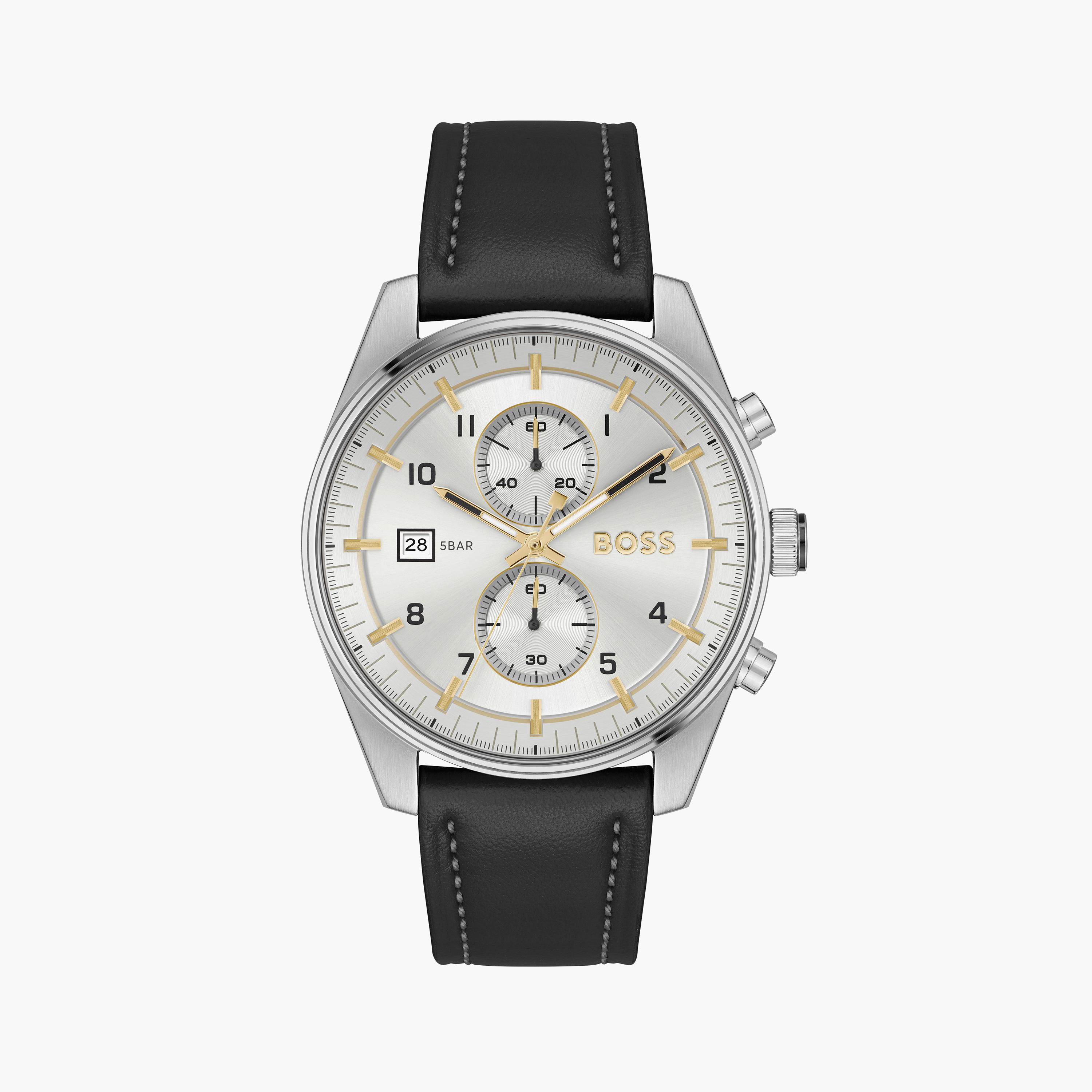 هوغو بوس- ساعة للرجال 44 ملم تناظرية من الجلد باللون الأسود | 1514147-men-watchesandjewellery-watches-image-1