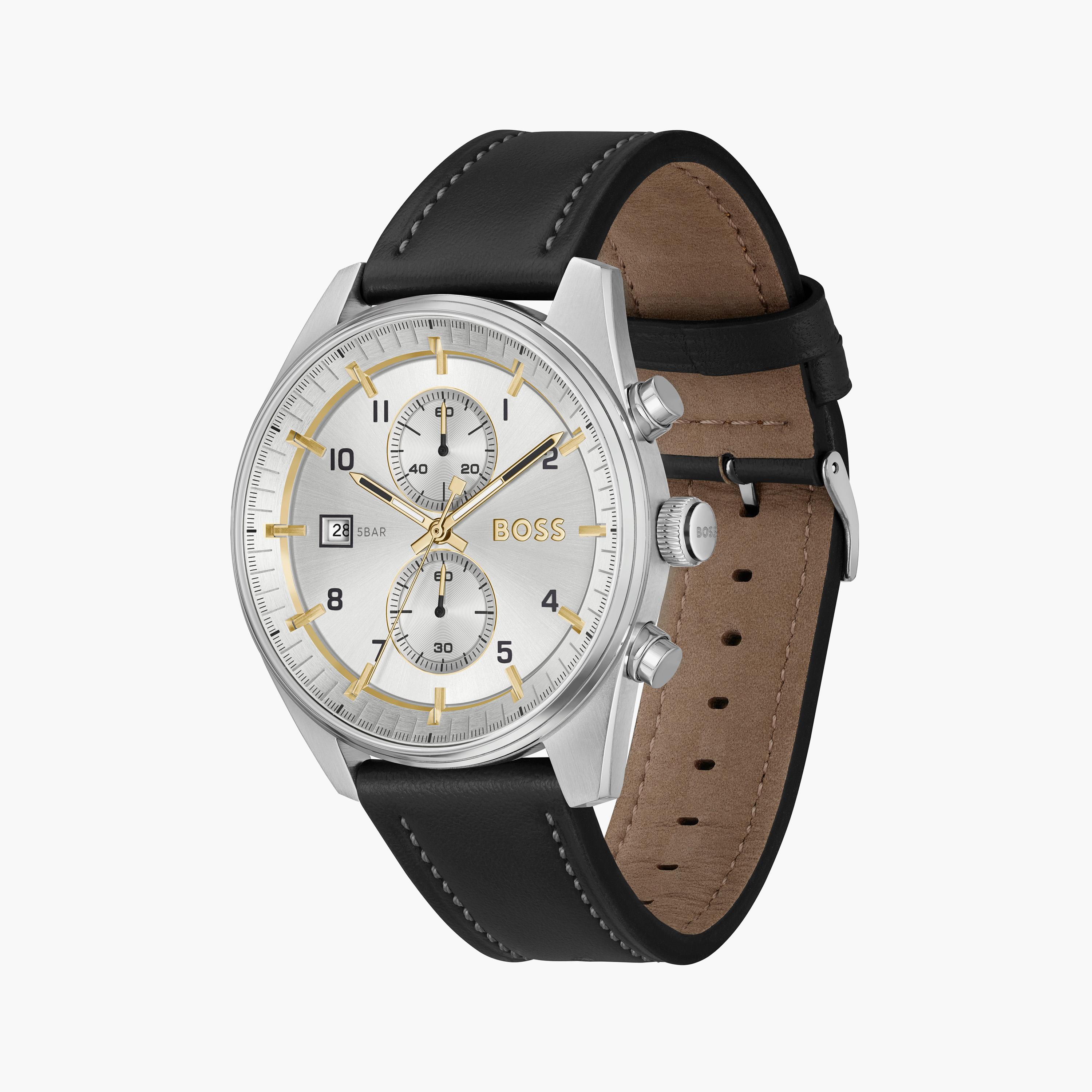 هوغو بوس- ساعة للرجال 44 ملم تناظرية من الجلد باللون الأسود | 1514147-men-watchesandjewellery-watches-image-2