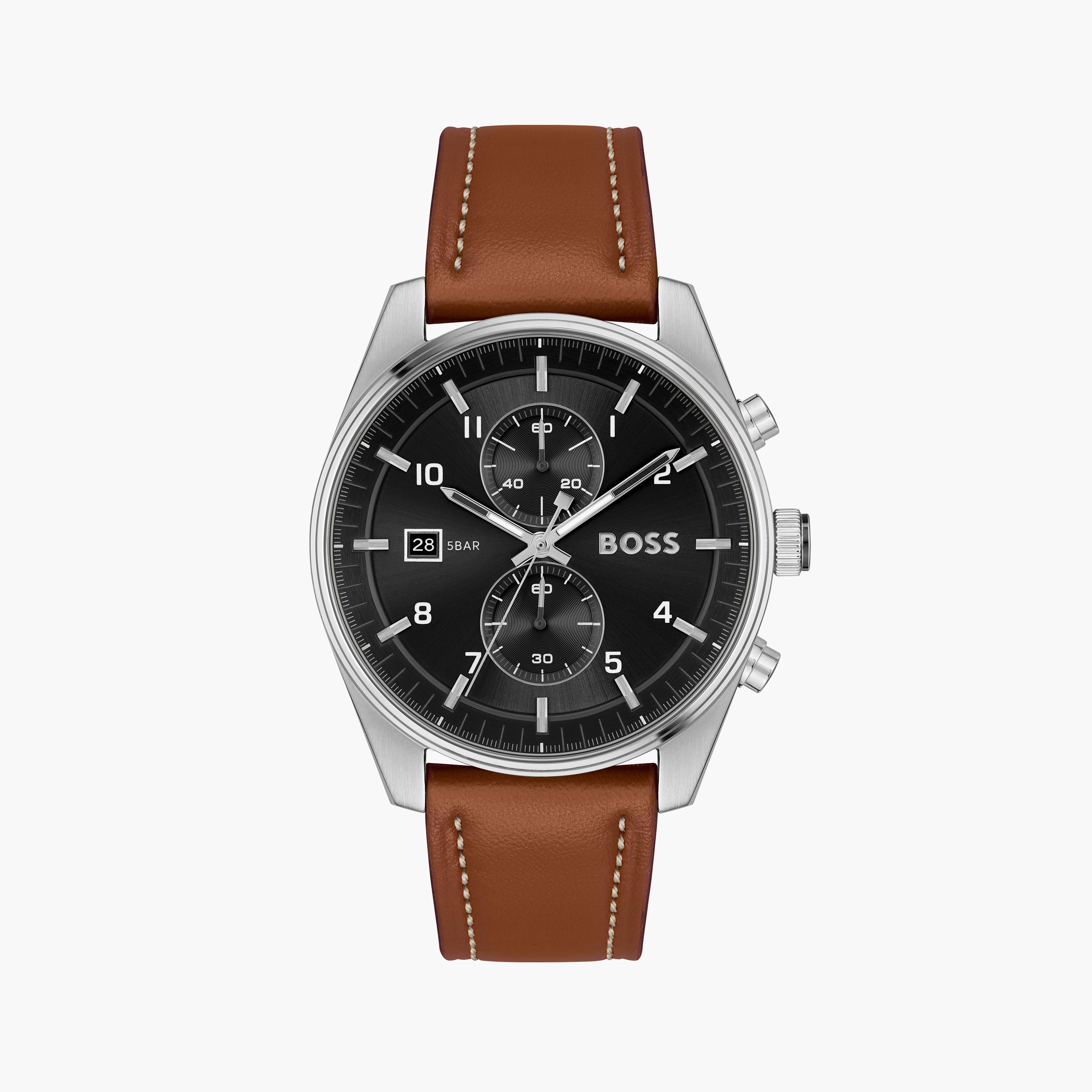 هوغو بوس- ساعة للرجال 44 ملم كرونوغراف بني من الجلد | 1514161-men-watchesandjewellery-watches-image-1