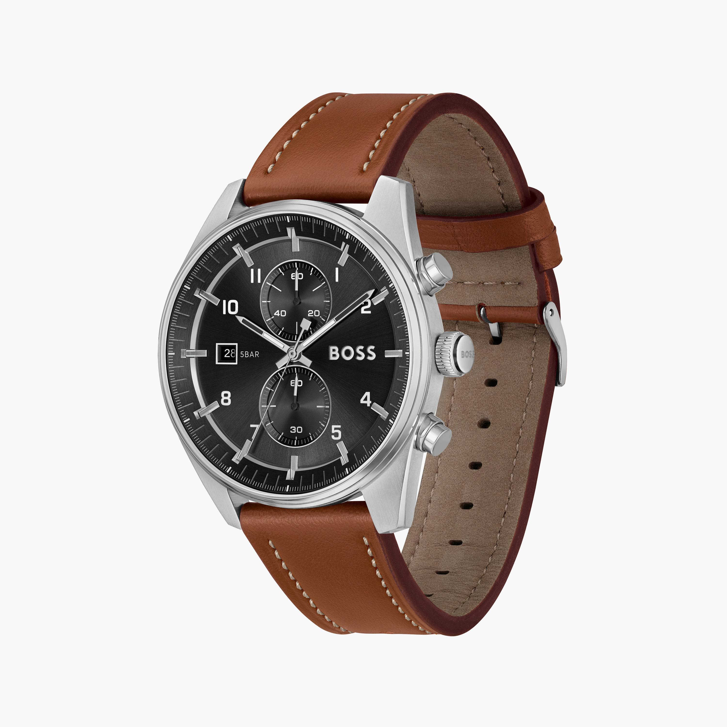 هوغو بوس- ساعة للرجال 44 ملم كرونوغراف بني من الجلد | 1514161-men-watchesandjewellery-watches-image-2