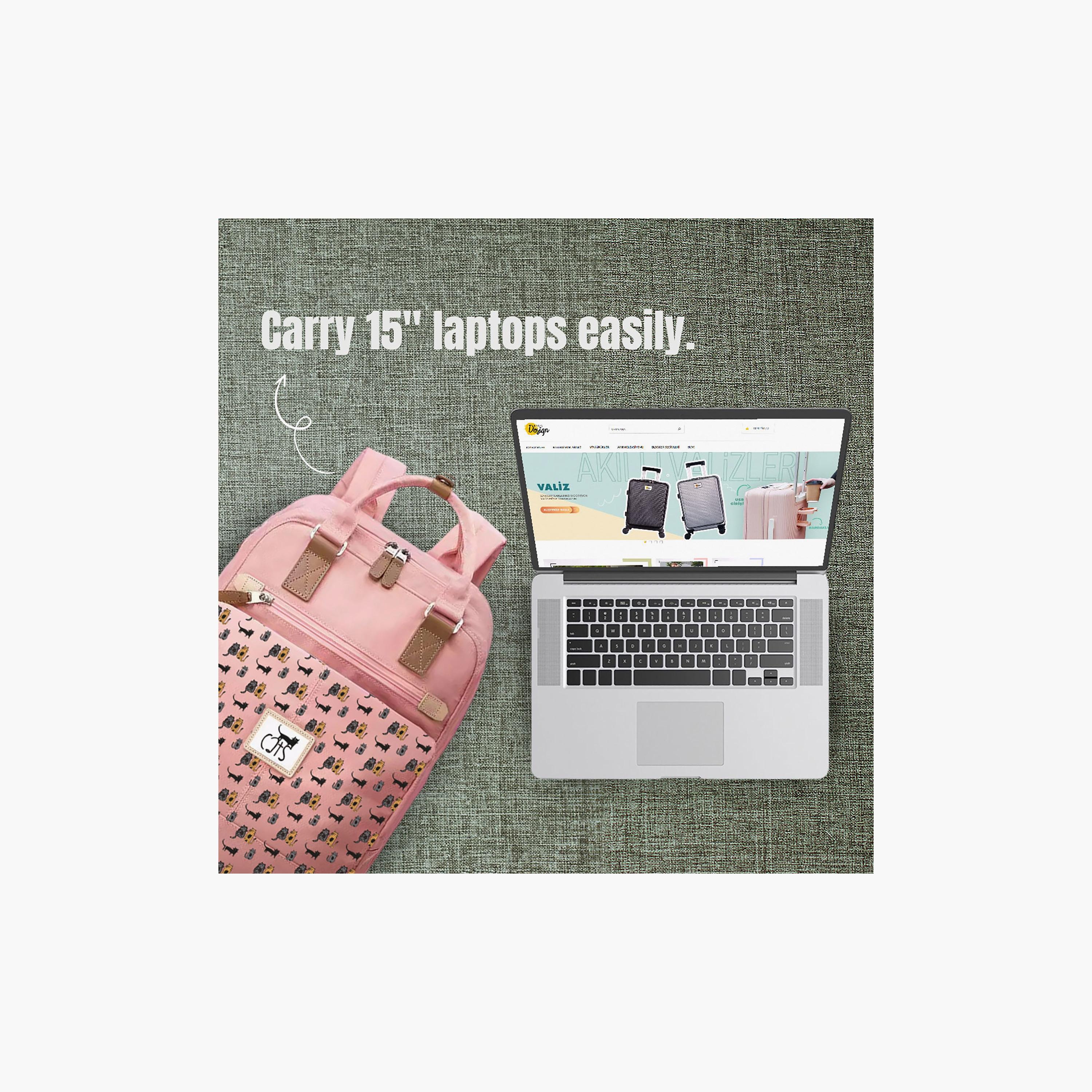 Biggdesign Cat Printed Anti-Theft Laptop Backpack with Luggage Sleeve - Pink - 15 Inch-school-bagsandbackpacks-backpacks-image-2