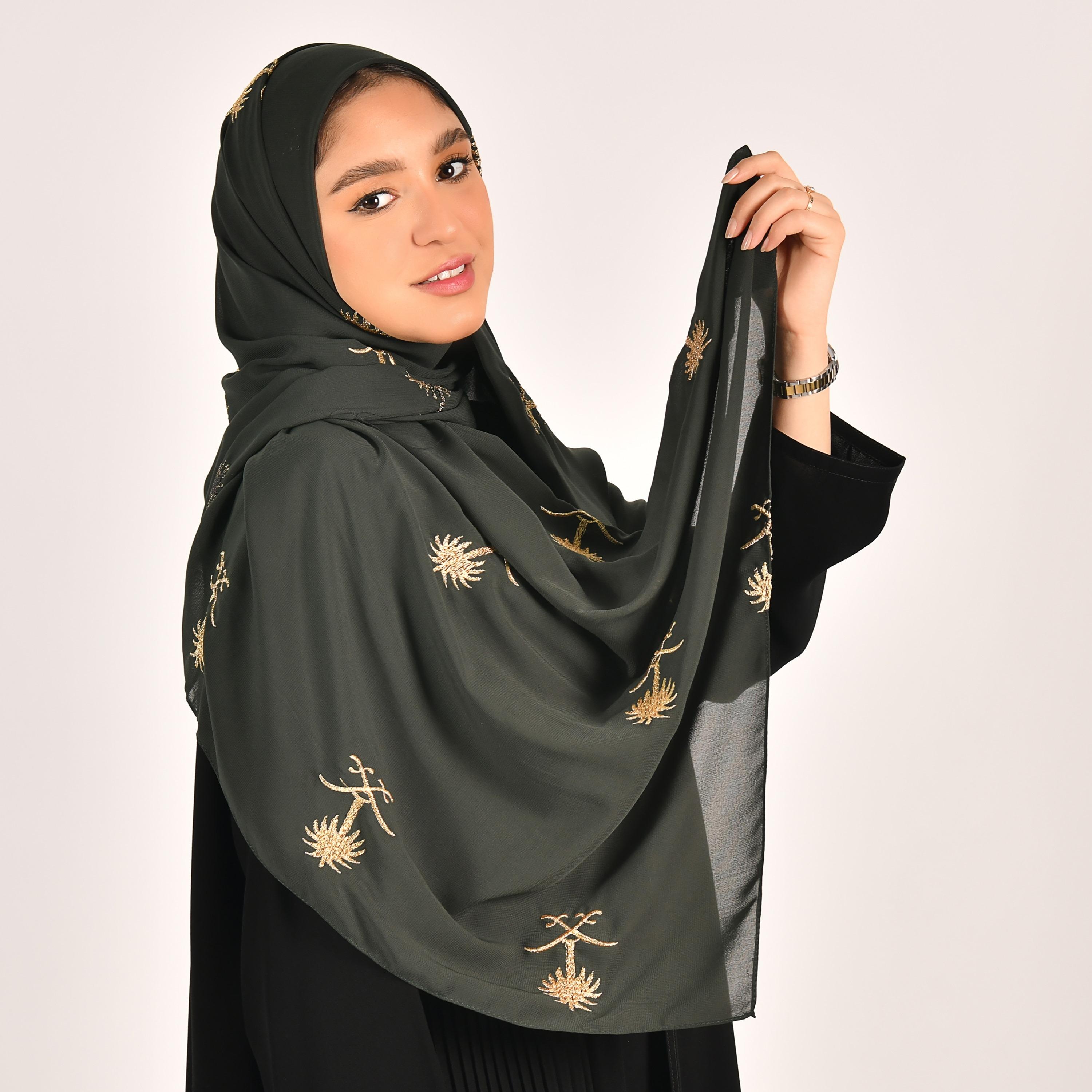 Hawraa Green Golden Tree Embroidered Hijab-women-winterwear-scarves-image-1