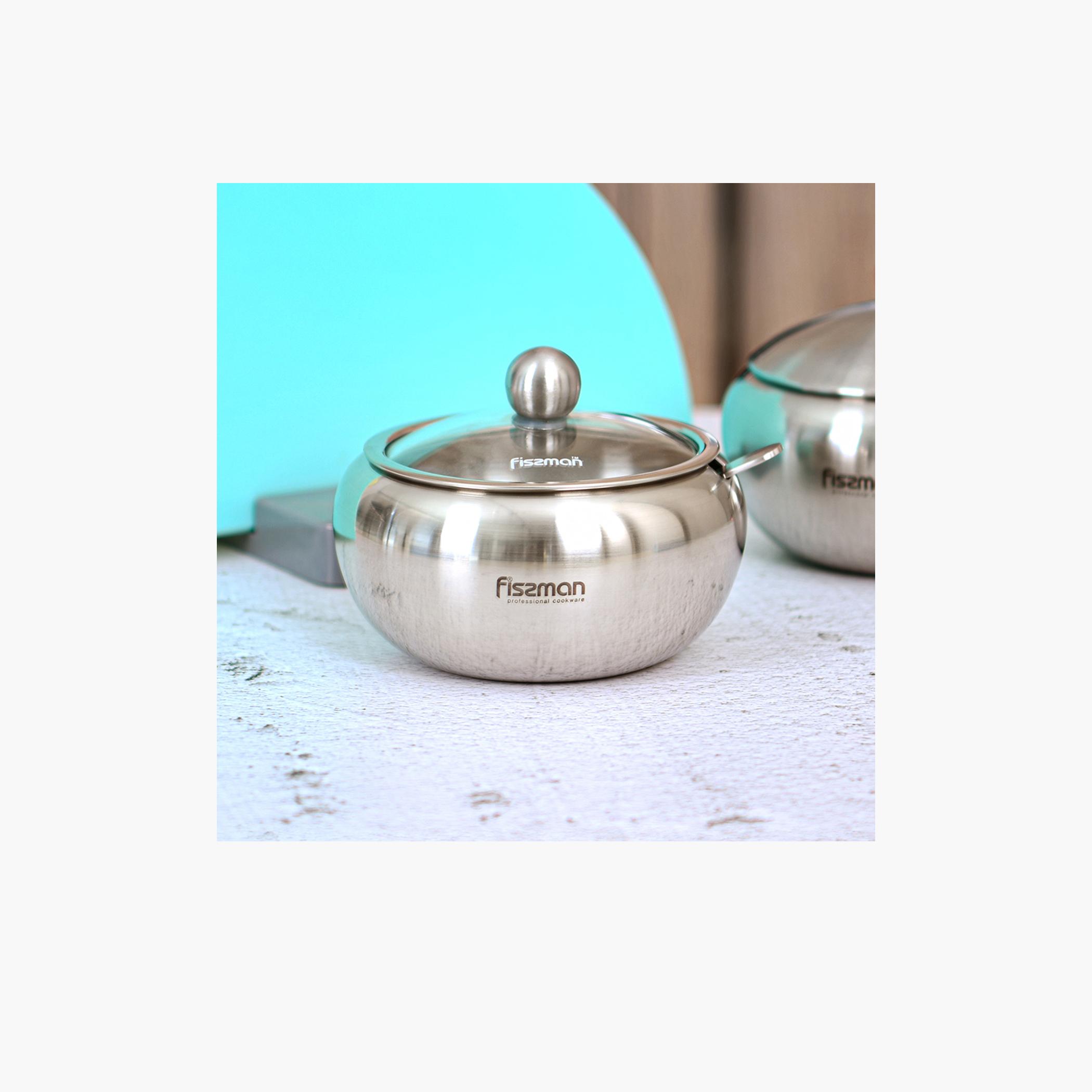 Stainless Steel Sugar Bowl with Glass Lid and Spoon - 560 ml-household-dining-dinnerware-bowls-image-1