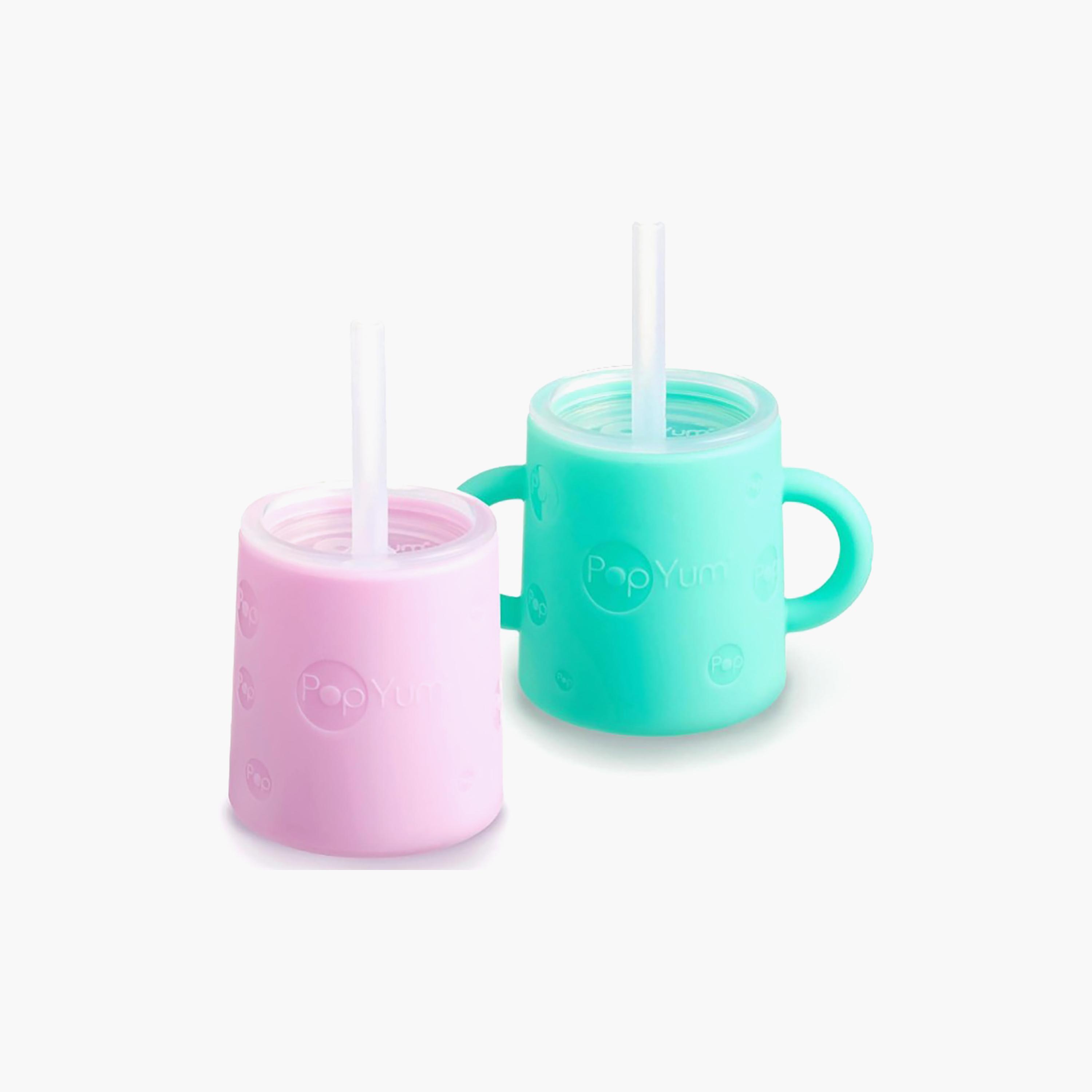 كوب تدريب من السيليكون، قطعتين، مع ماصة وغطاء من بوب يام - 150 مل - أخضر ووردي-baby-feeding-mealtimeessentials-image-1