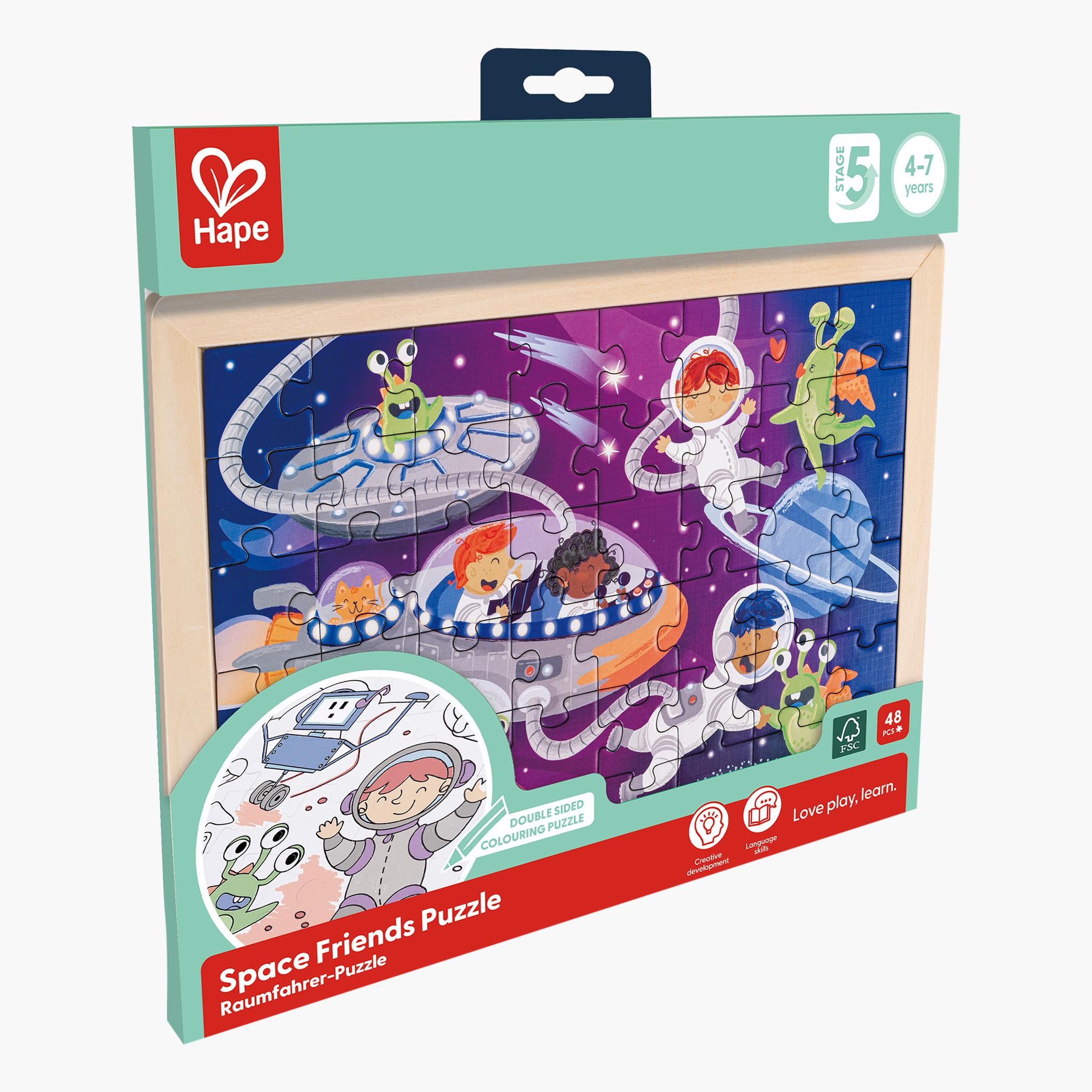 Hape 48-Piece Space Friends Double-Sided Colouring Jigsaw Puzzle Set