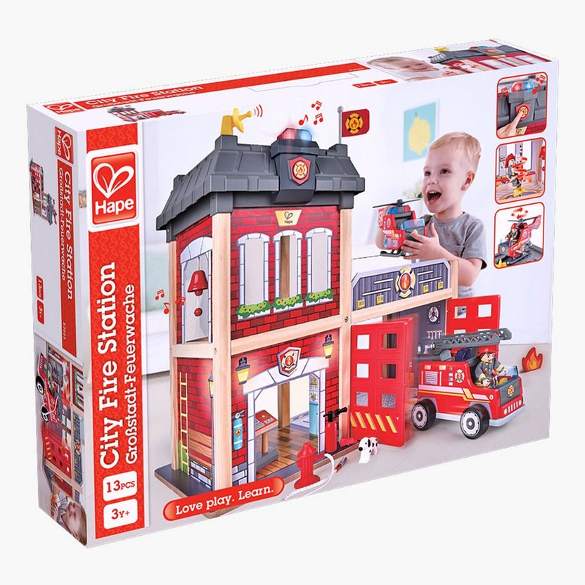 Shop Hape Multi-Level City Fire Station and Engine Toy Playset