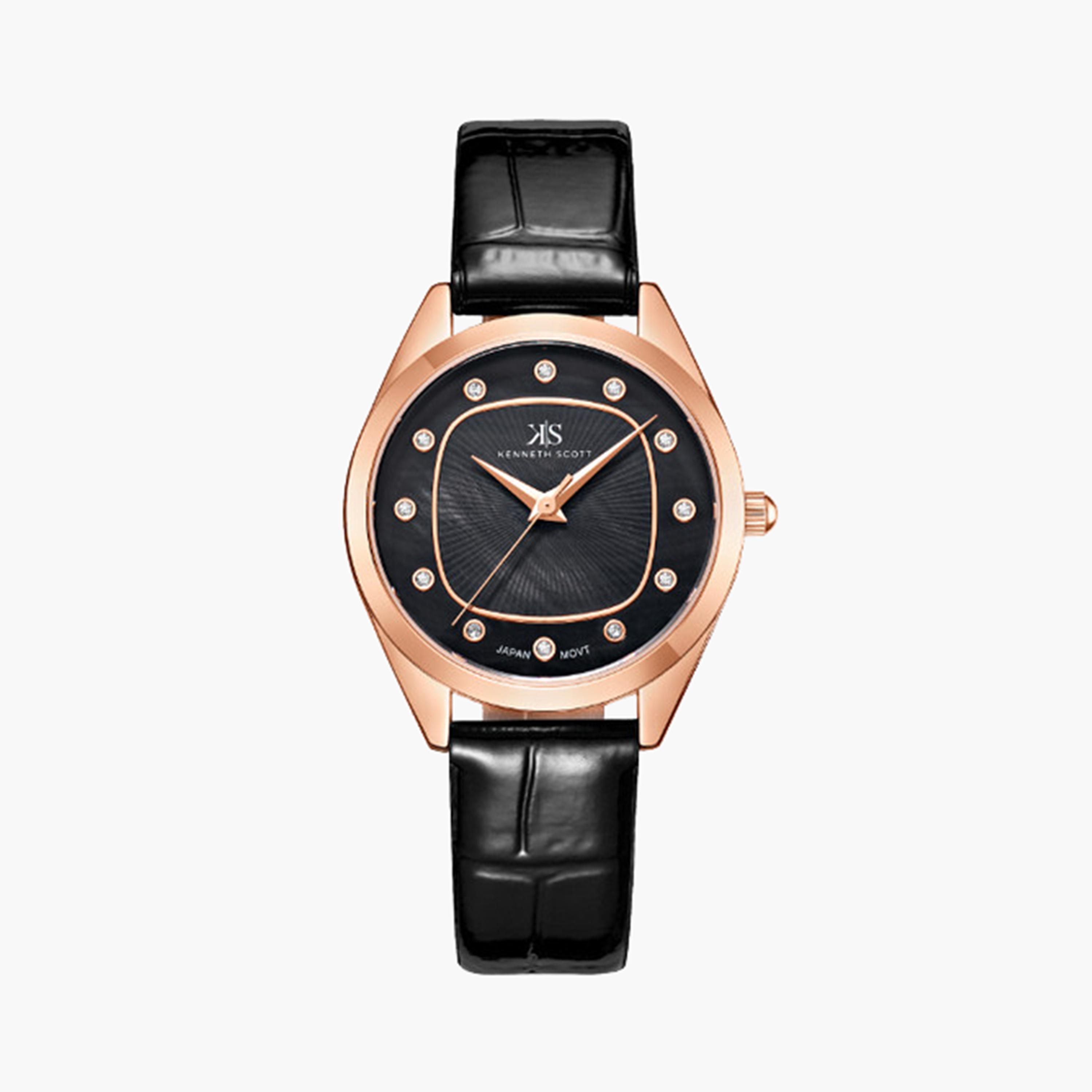 Kenneth Scott Women's 31 MM Black Analog Artificial Leather Strap Watch | K24508-RLBB-women-watchesandjewellery-watches-image-1