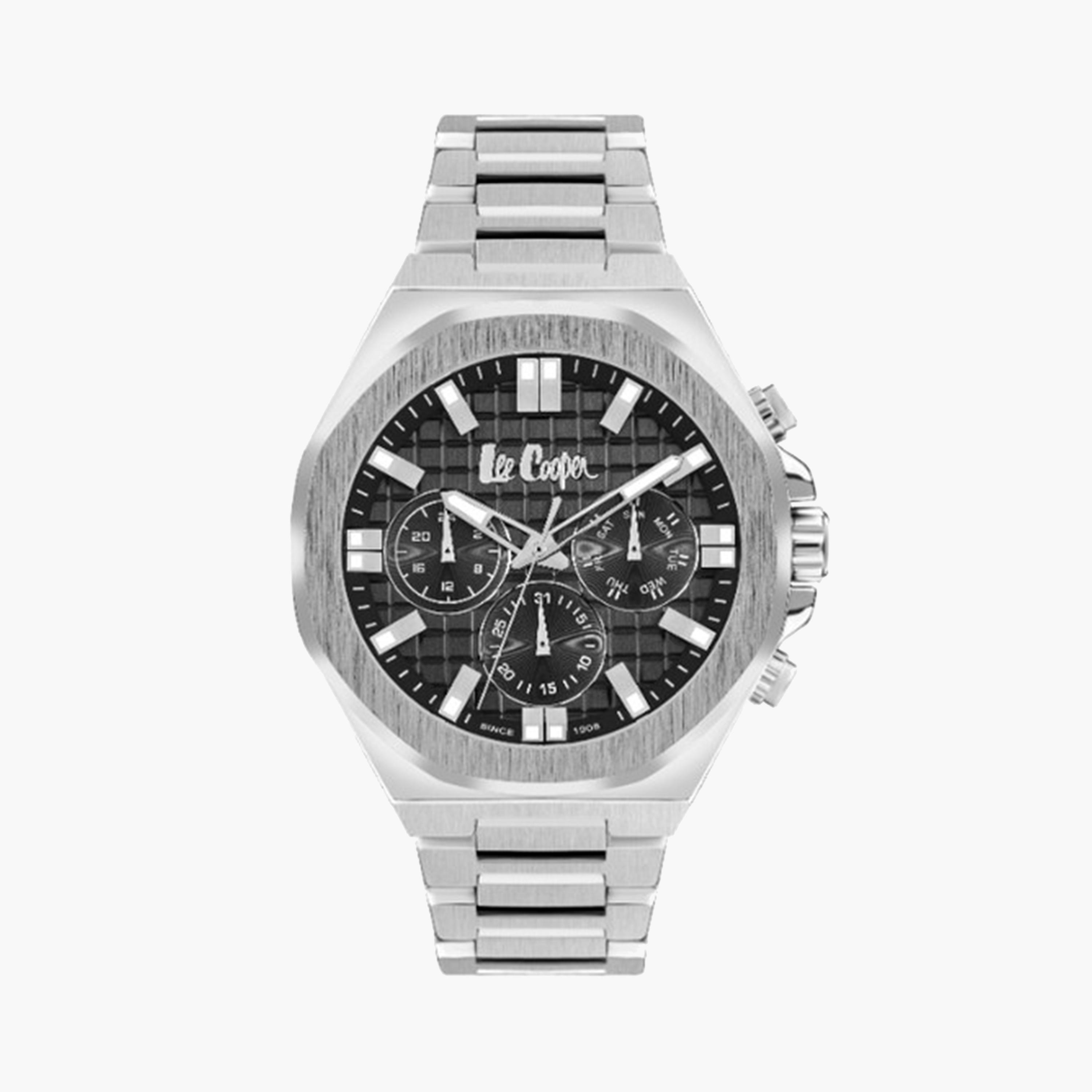 لي كوبر- ساعة كرونوغراف فضية للرجال بقطر 46 ملم وحزام معدني | LC07982.350-men-watchesandjewellery-watches-image-1