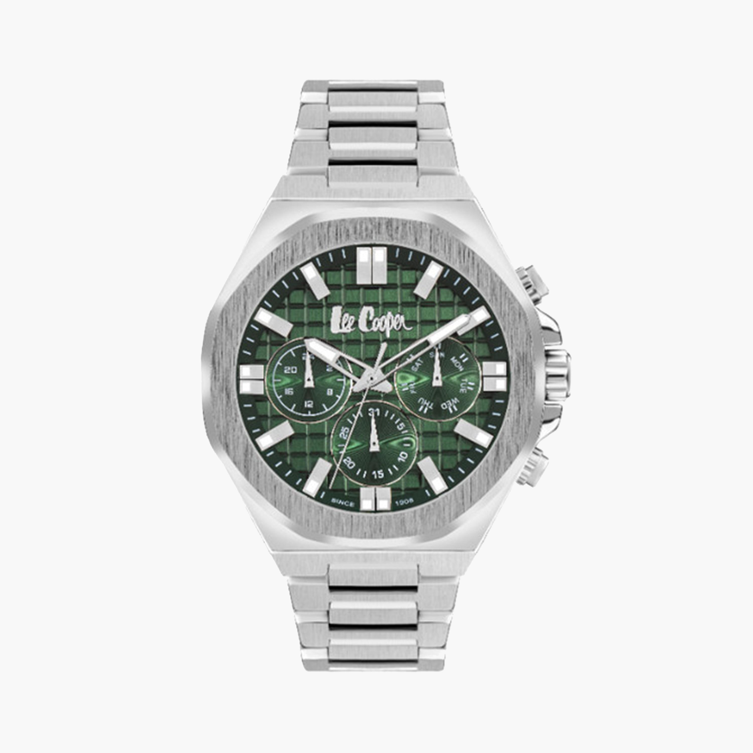 لي كوبر- ساعة كرونوغراف فضية للرجال بقطر 46 ملم وحزام معدني | LC07982.370-men-watchesandjewellery-watches-image-1