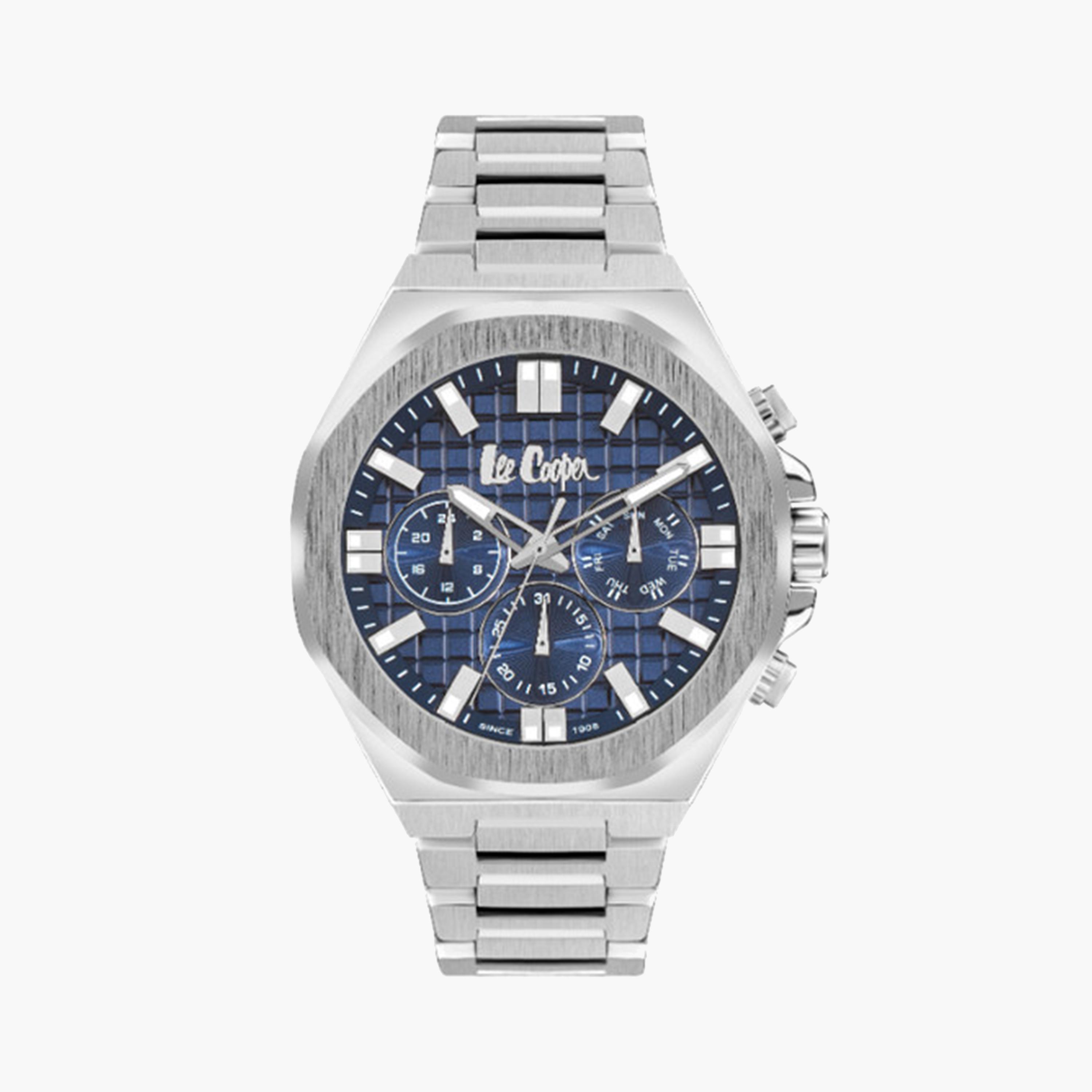 لي كوبر- ساعة كرونوغراف فضية للرجال بقطر 46 ملم وحزام معدني | LC07982.390-men-watchesandjewellery-watches-image-1