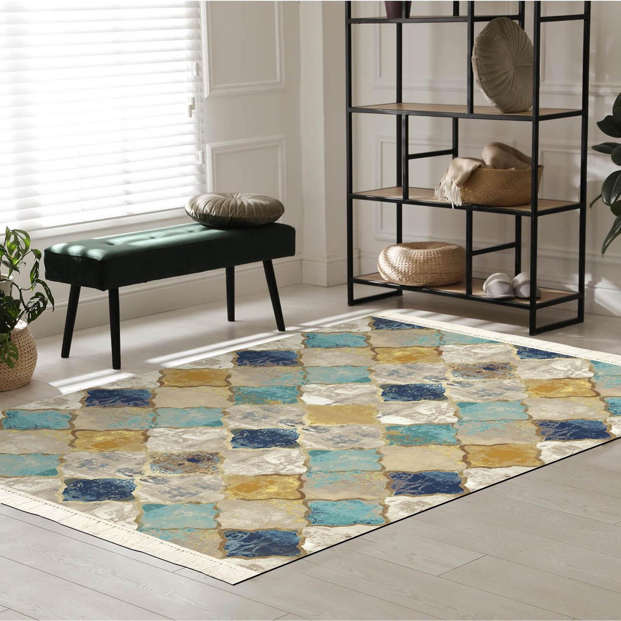 Printed Velvet Turkish Rectangular Decorative Carpet - 120x80 cms-household-rugsandcarpets-rugs-image-1