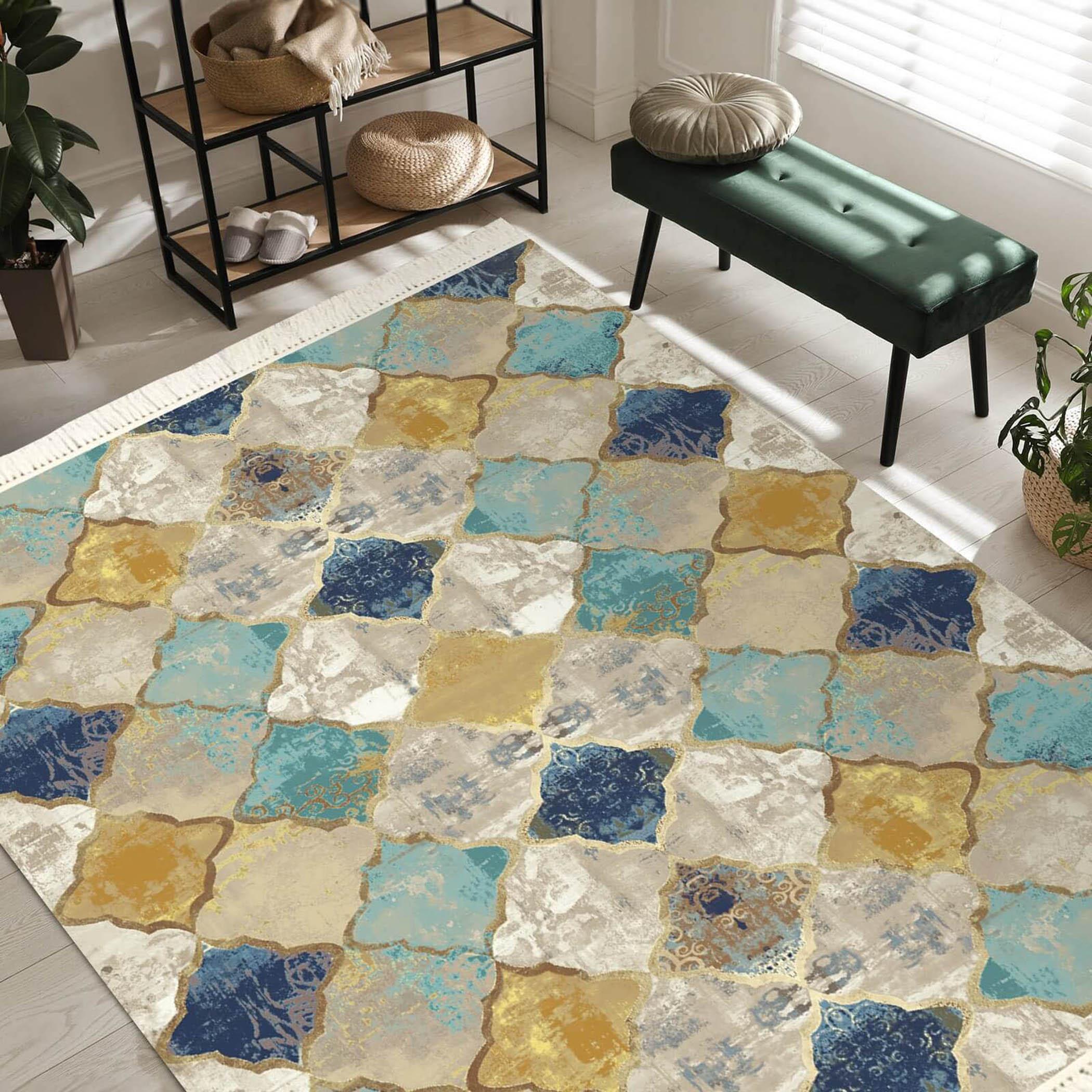 Printed Velvet Turkish Rectangular Decorative Carpet - 120x80 cms-household-rugsandcarpets-rugs-image-2