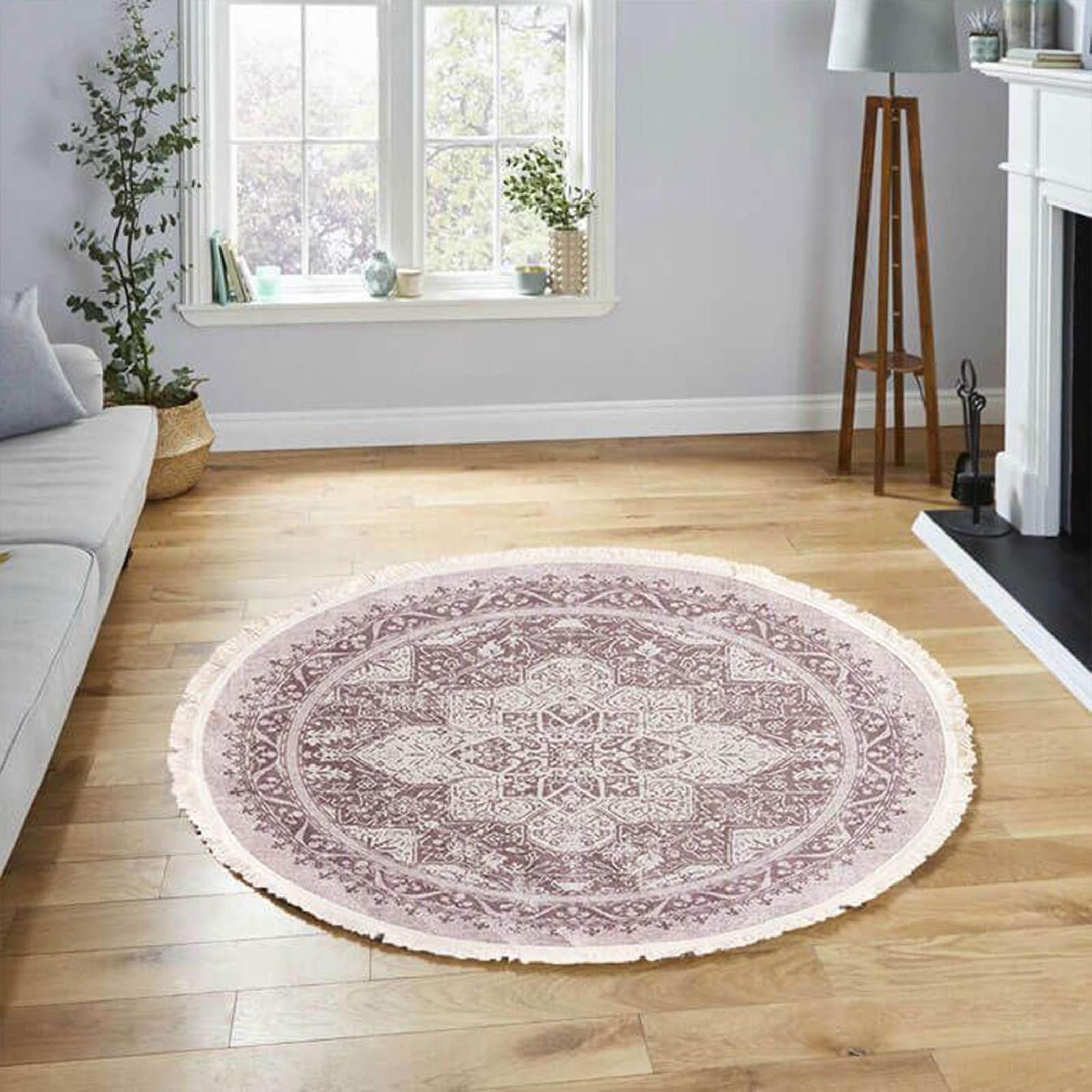 Velvet Turkish Round Decorative Carpet - 120x120 cm-household-rugsandcarpets-rugs-image-1
