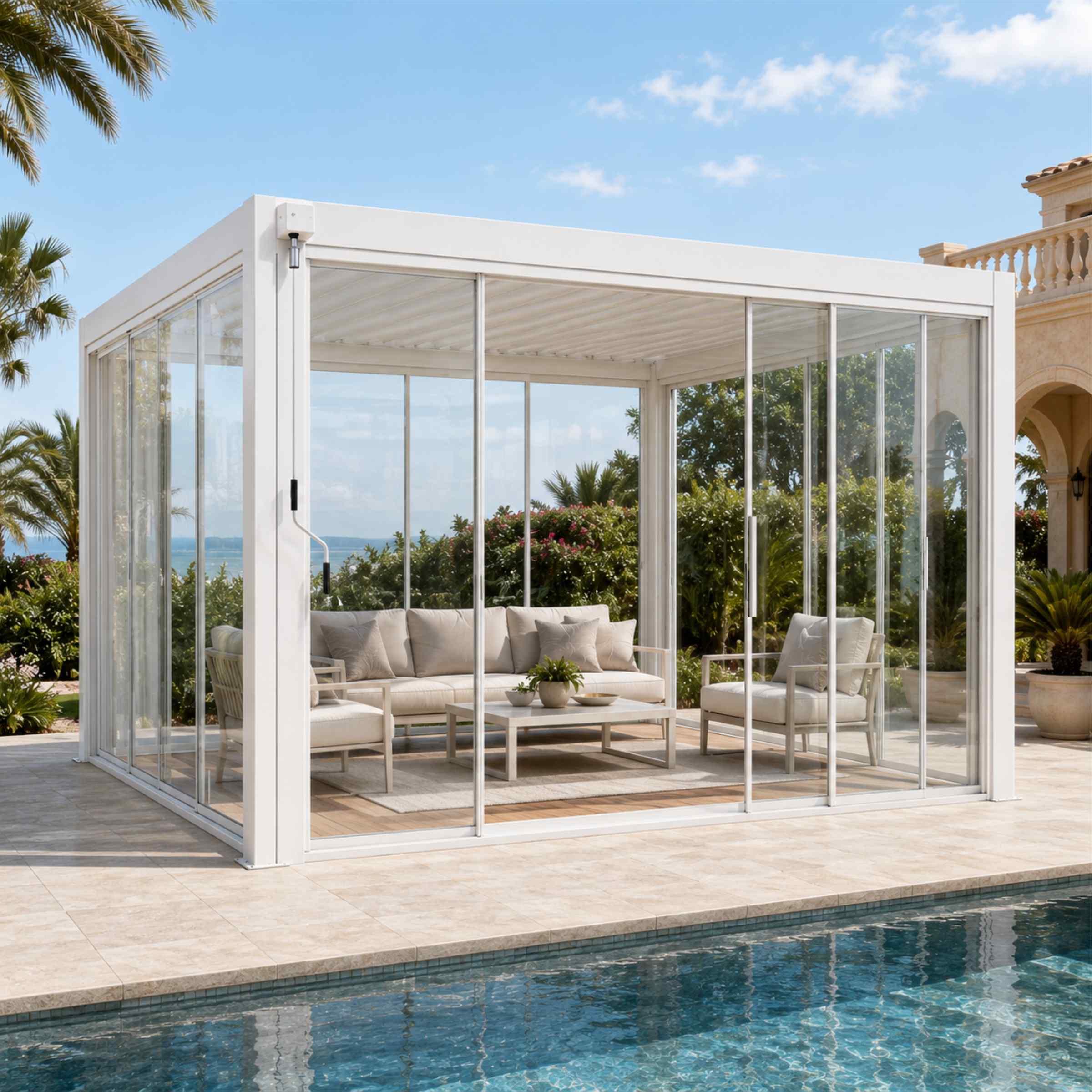 Swin Aluminium Shuttered Roof Outdoor Gazebo with Sliding Glass Door - 3x4 m