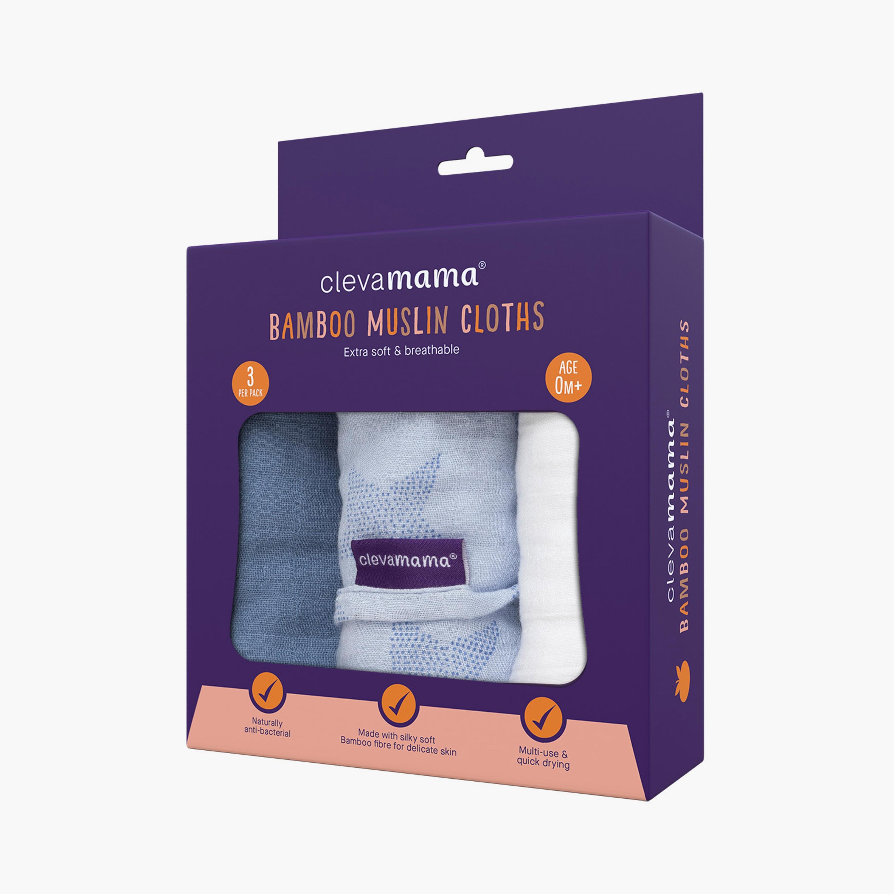 Clevamama 3-Piece Super Soft Muslin Cloth Set - Blue-baby-feeding-bibs-image-5