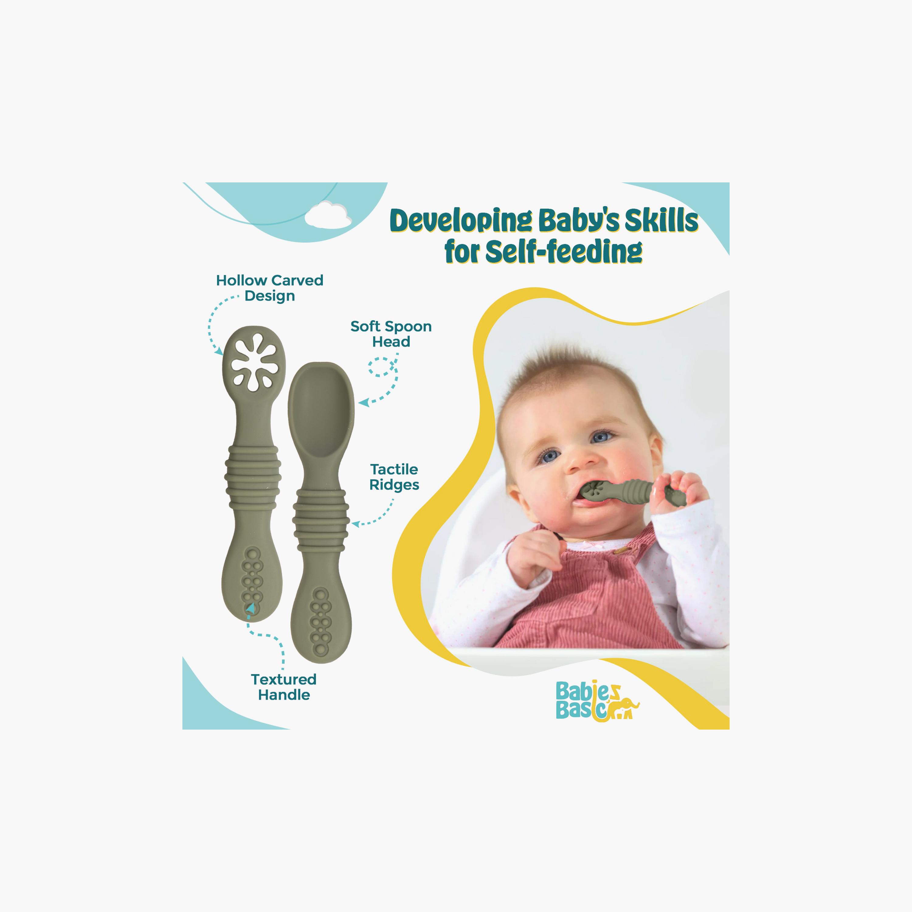 Babies Basic 2-Piece Soft Tip BPA Free Silicone First Stage Training Spoon with Masher-baby-feeding-mealtimeessentials-image-2