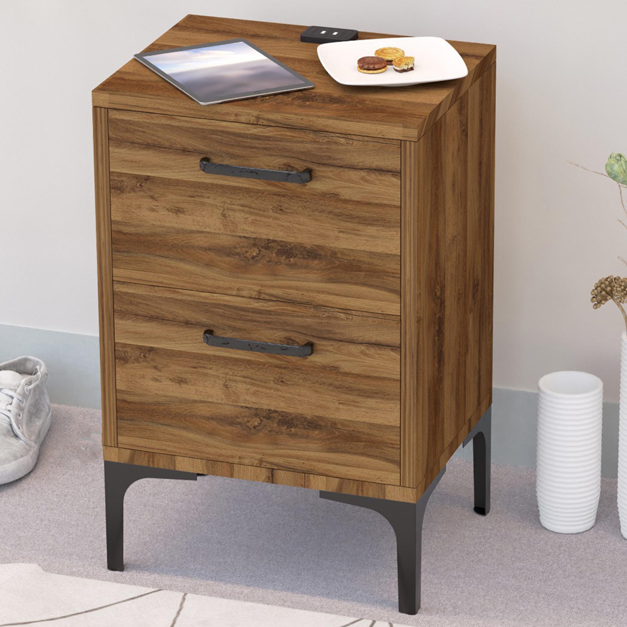 Modern Night Stand with USB Charger and 2 Storage Drawers - 38x30x60 cm-furniture-bedroom-nightstands-image-4