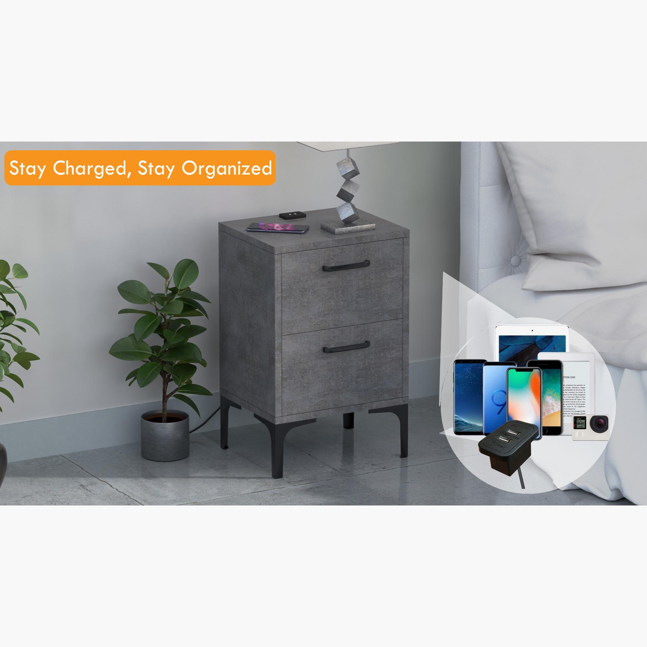 Modern Night Stand with USB Charger and 2 Storage Drawers - 38x30x60 cm-furniture-bedroom-nightstands-image-2