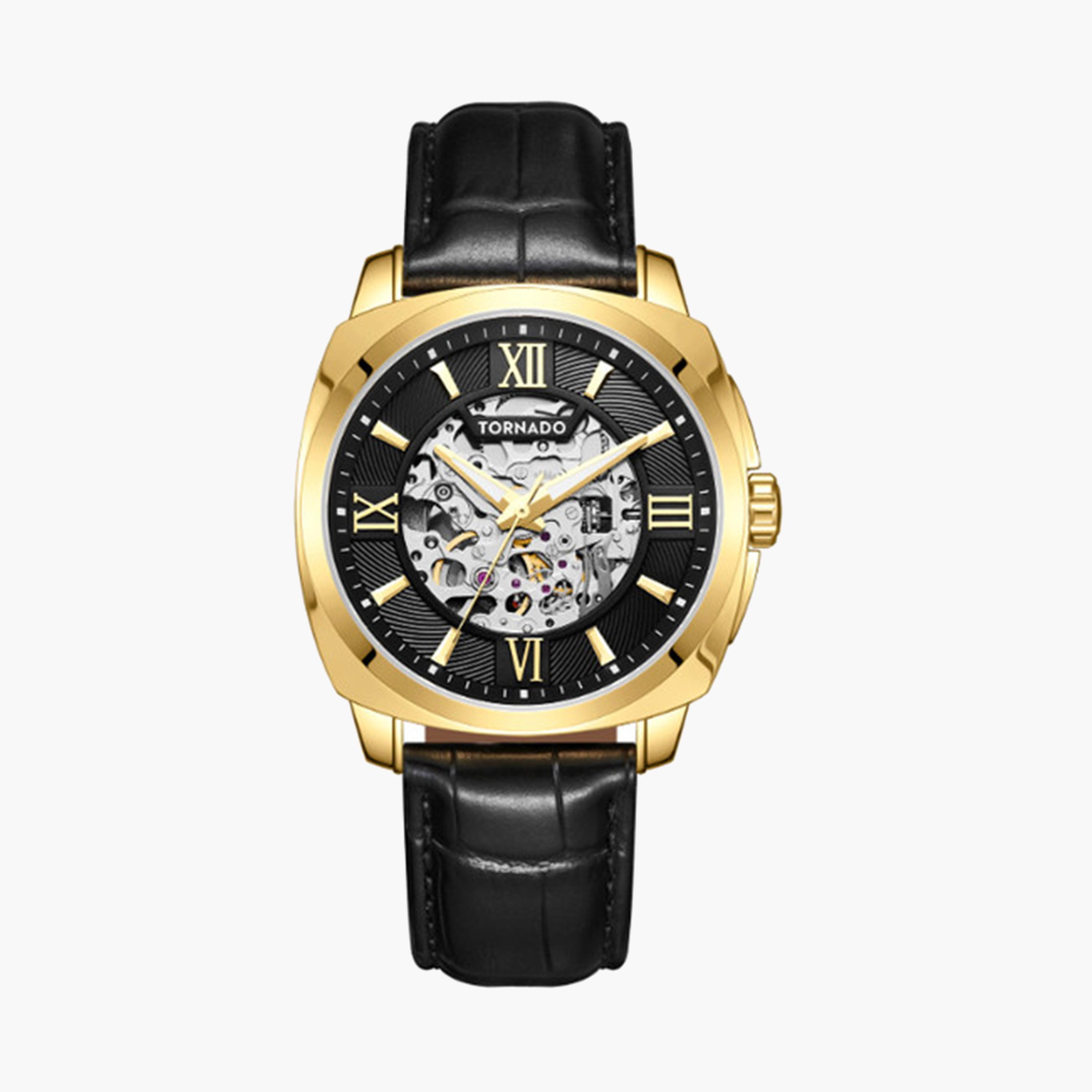 Tornado Men's 42 MM Black Automatic Leather Strap Watch | T7316-GLBB-men-watchesandjewellery-watches-image-1