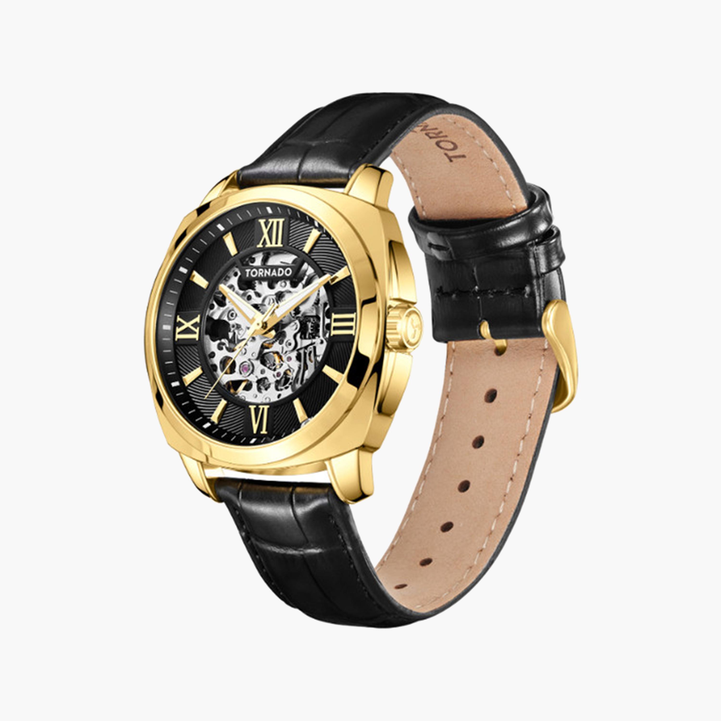 Tornado Men's 42 MM Black Automatic Leather Strap Watch | T7316-GLBB-men-watchesandjewellery-watches-image-2