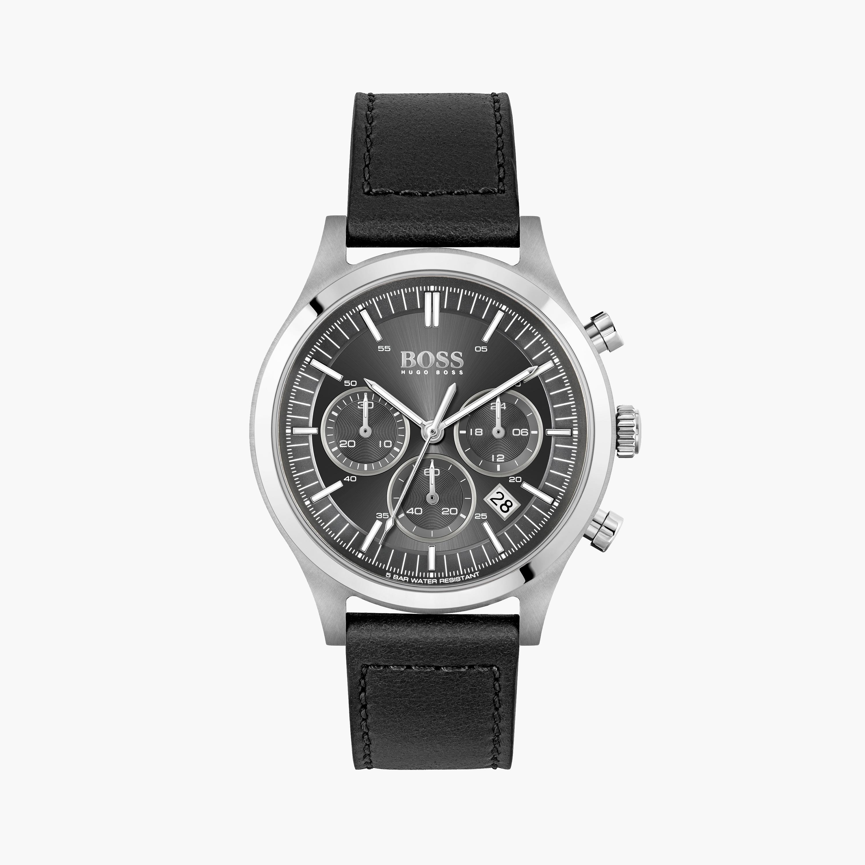 هوغو بوس-  ساعة كرونوغراف سوداء للرجال 44 مم بسوار من الجلد | 1513799-men-watchesandjewellery-watches-image-1