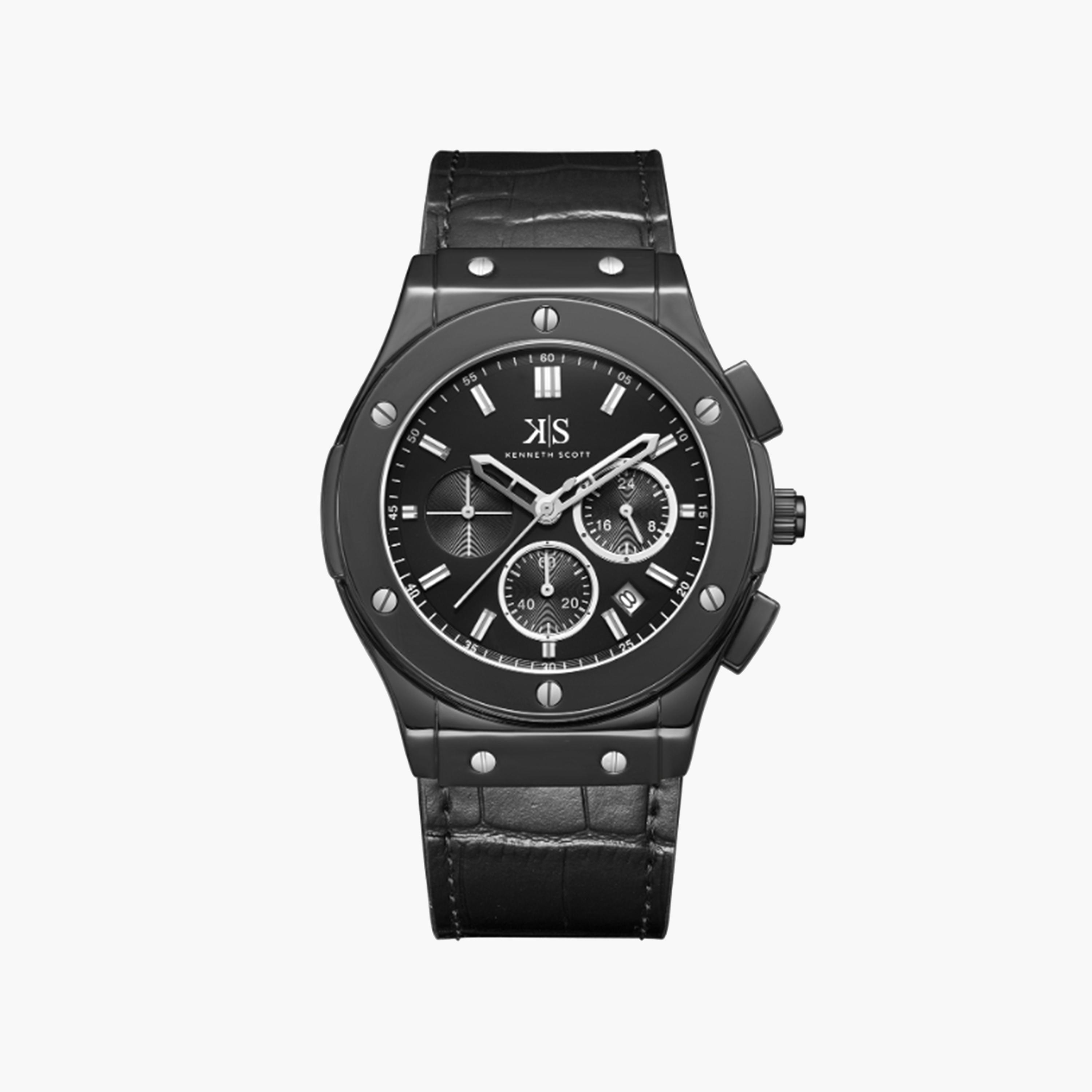 Kenneth Scott Men's 44 MM Black Strap Chronograph Leather Watch | K24115-BLBB-men-watchesandjewellery-watches-image-1