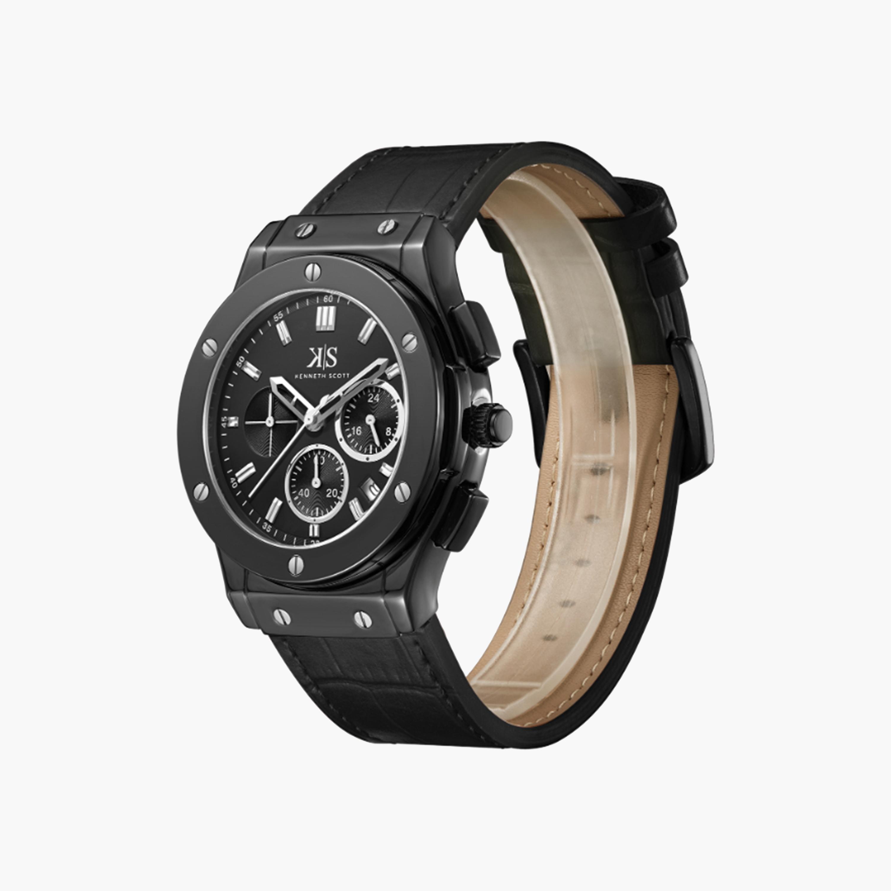 Kenneth Scott Men's 44 MM Black Strap Chronograph Leather Watch | K24115-BLBB-men-watchesandjewellery-watches-image-2