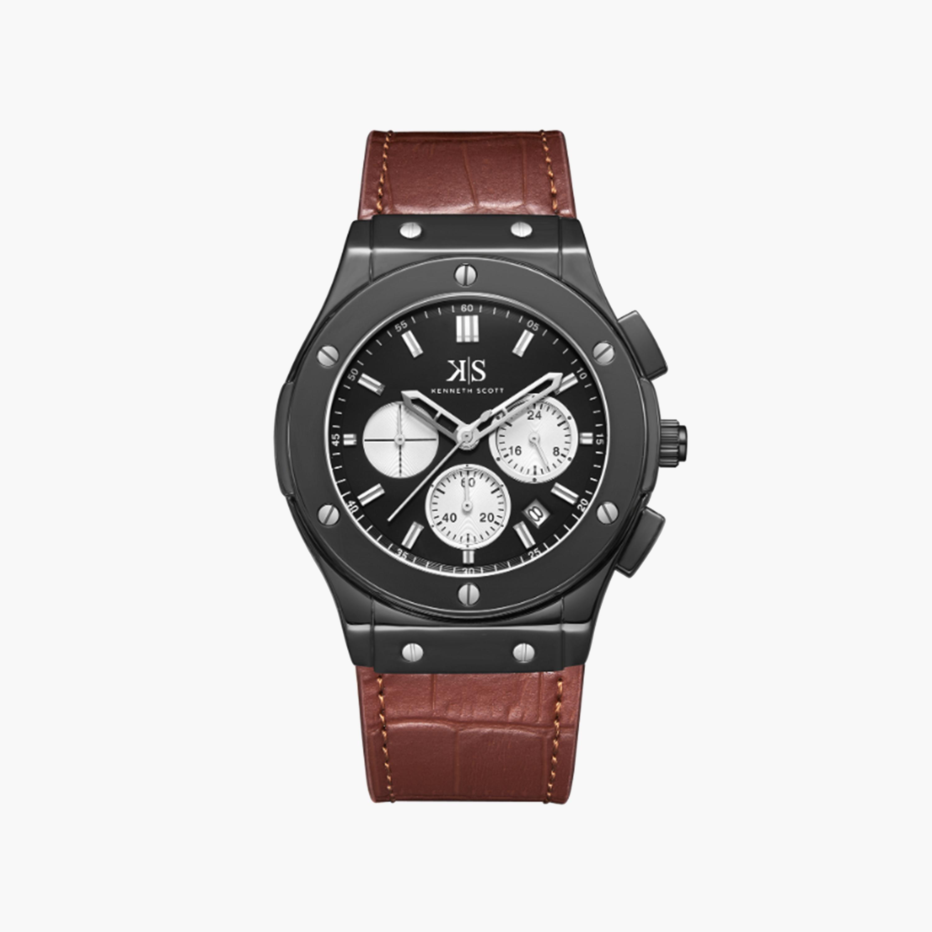 Kenneth Scott Men's 44 MM Brown Strap Chronograph Leather Watch | K24115-BLDB-men-watchesandjewellery-watches-image-1