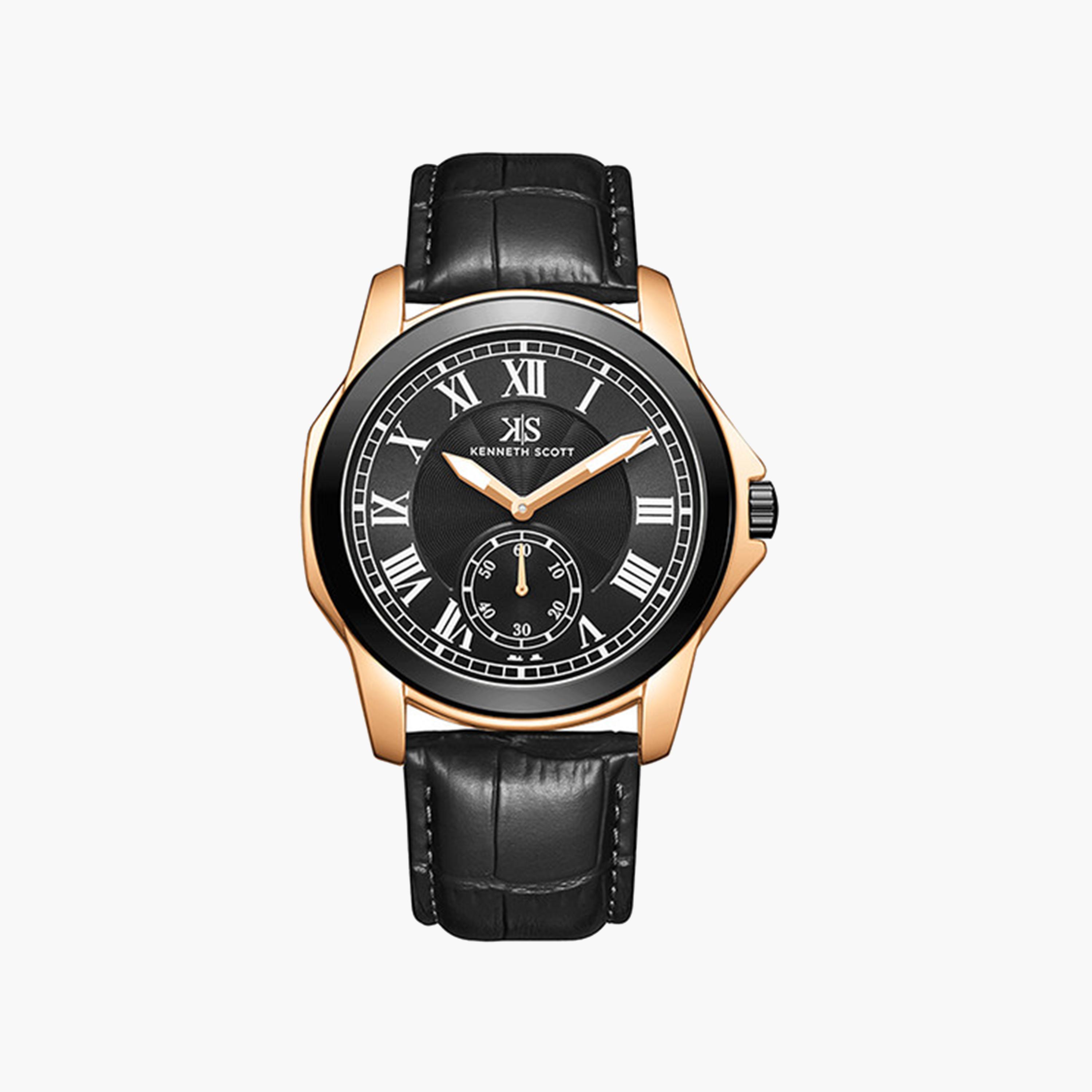 Kenneth Scott Men's 42 MM Black Strap Analog Leather Watch | K24018-KLBB-men-watchesandjewellery-watches-image-1