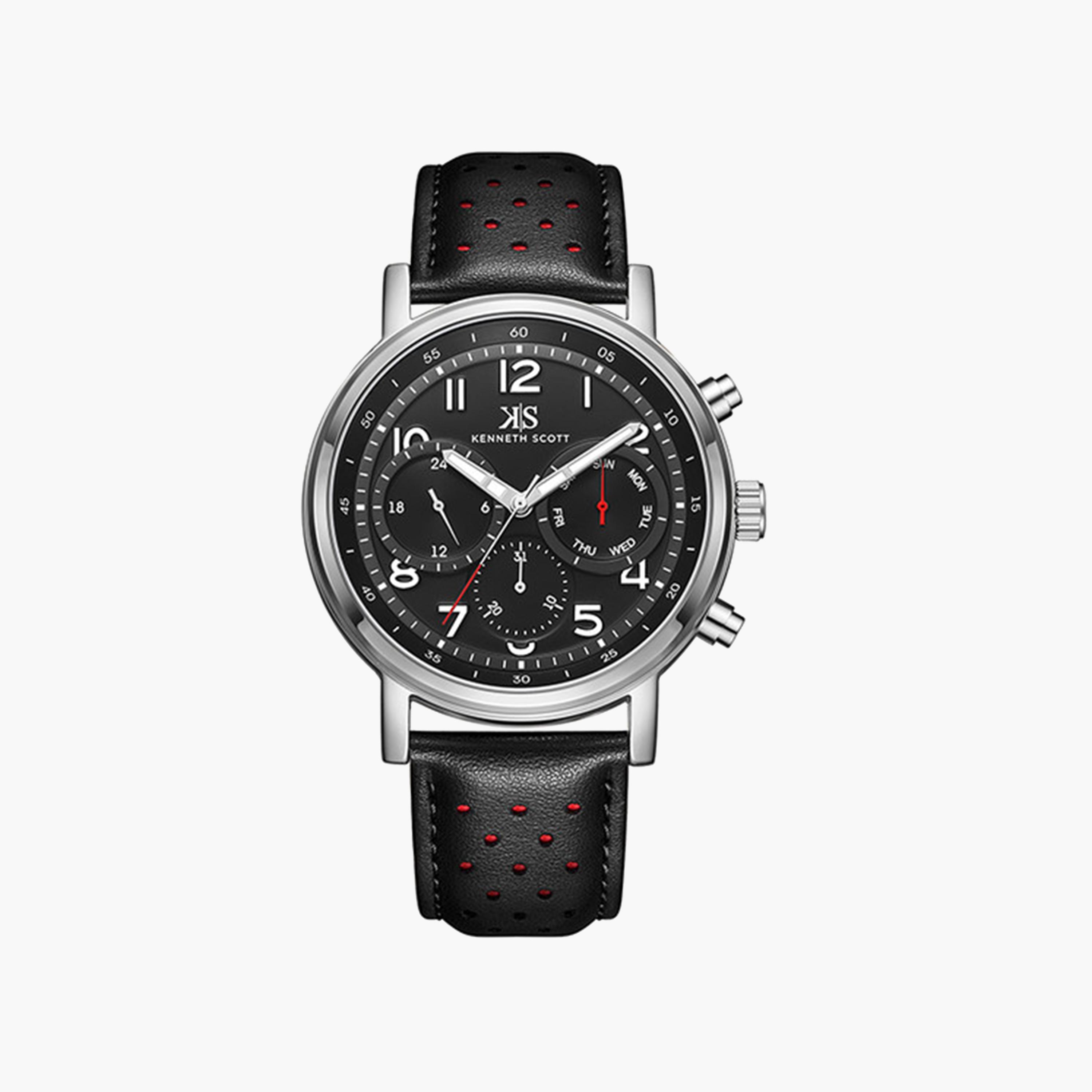 Kenneth Scott Men's 44 MM Black Strap Analog Leather Watch | K24119-SLBB-men-watchesandjewellery-watches-image-1