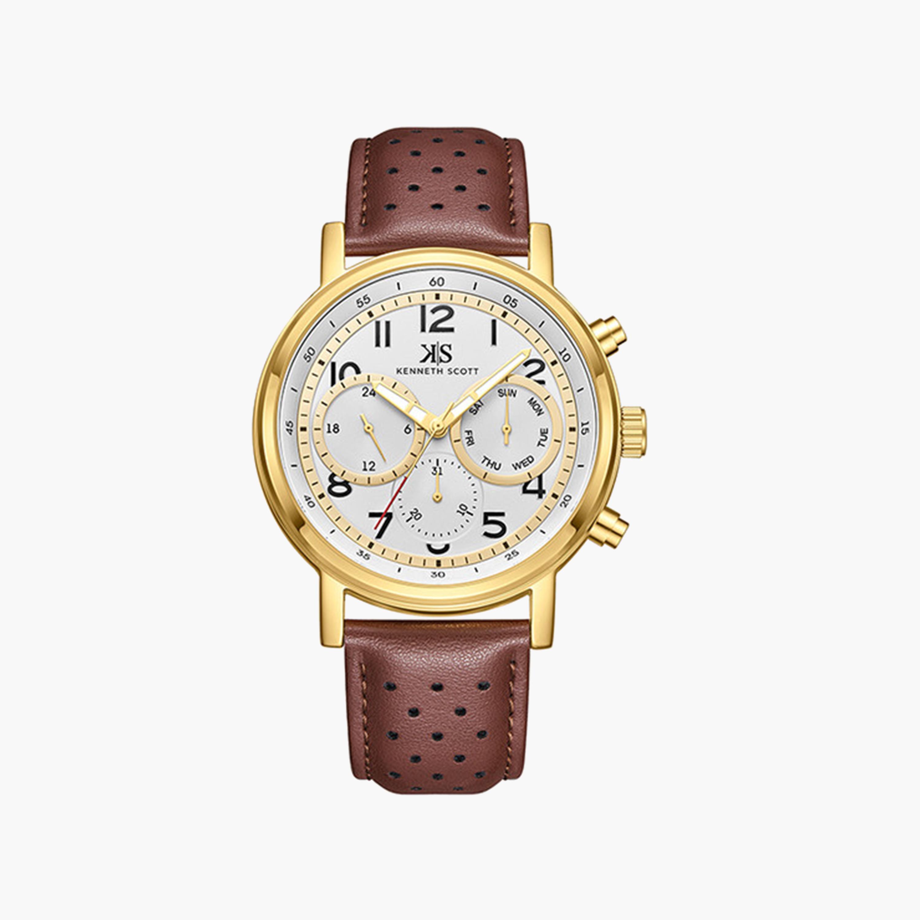 كينيث سكوت-  ساعة رجالية جلدية تناظرية بحزام بني   44 مم | K24119-GLDW-men-watchesandjewellery-watches-image-1