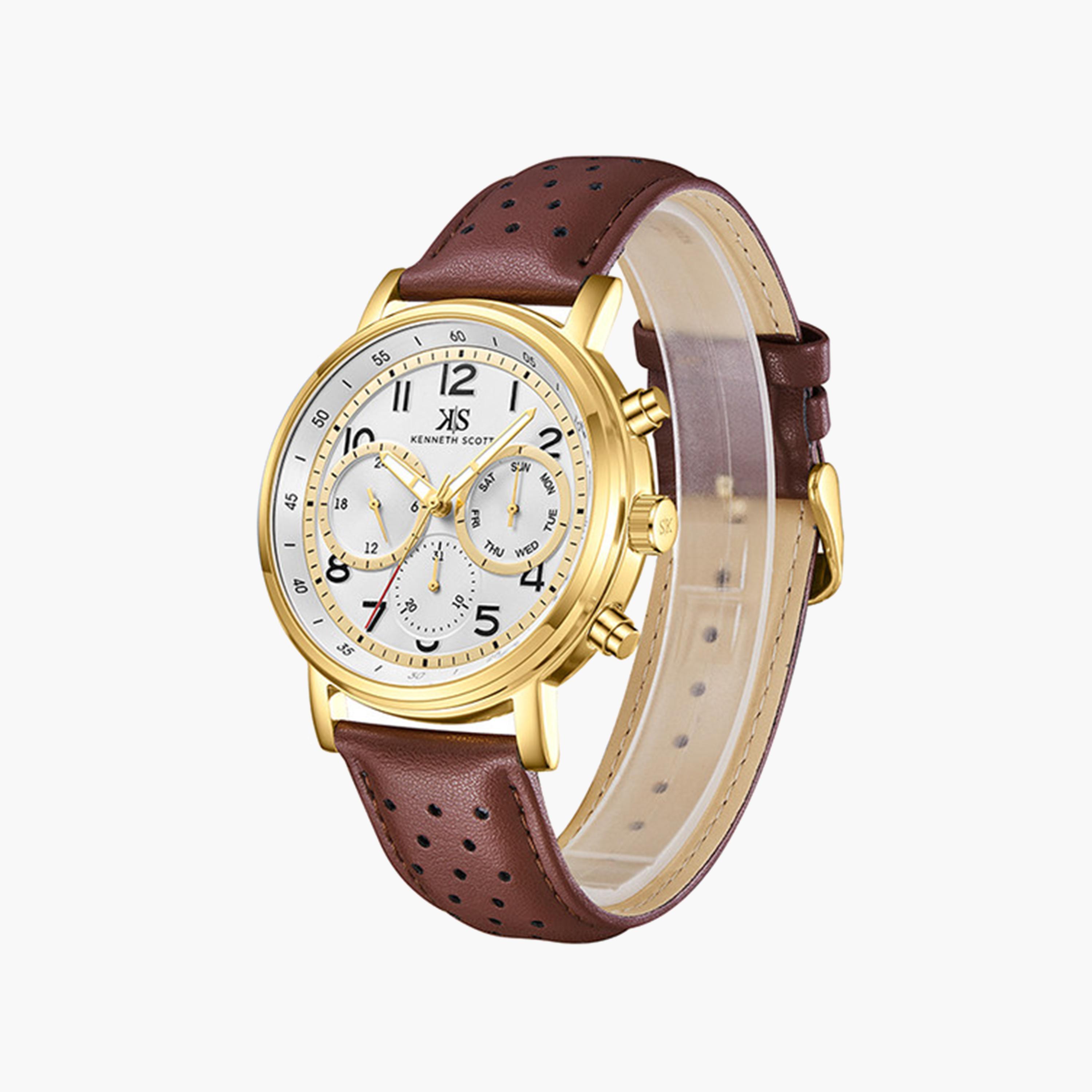 كينيث سكوت-  ساعة رجالية جلدية تناظرية بحزام بني   44 مم | K24119-GLDW-men-watchesandjewellery-watches-image-2