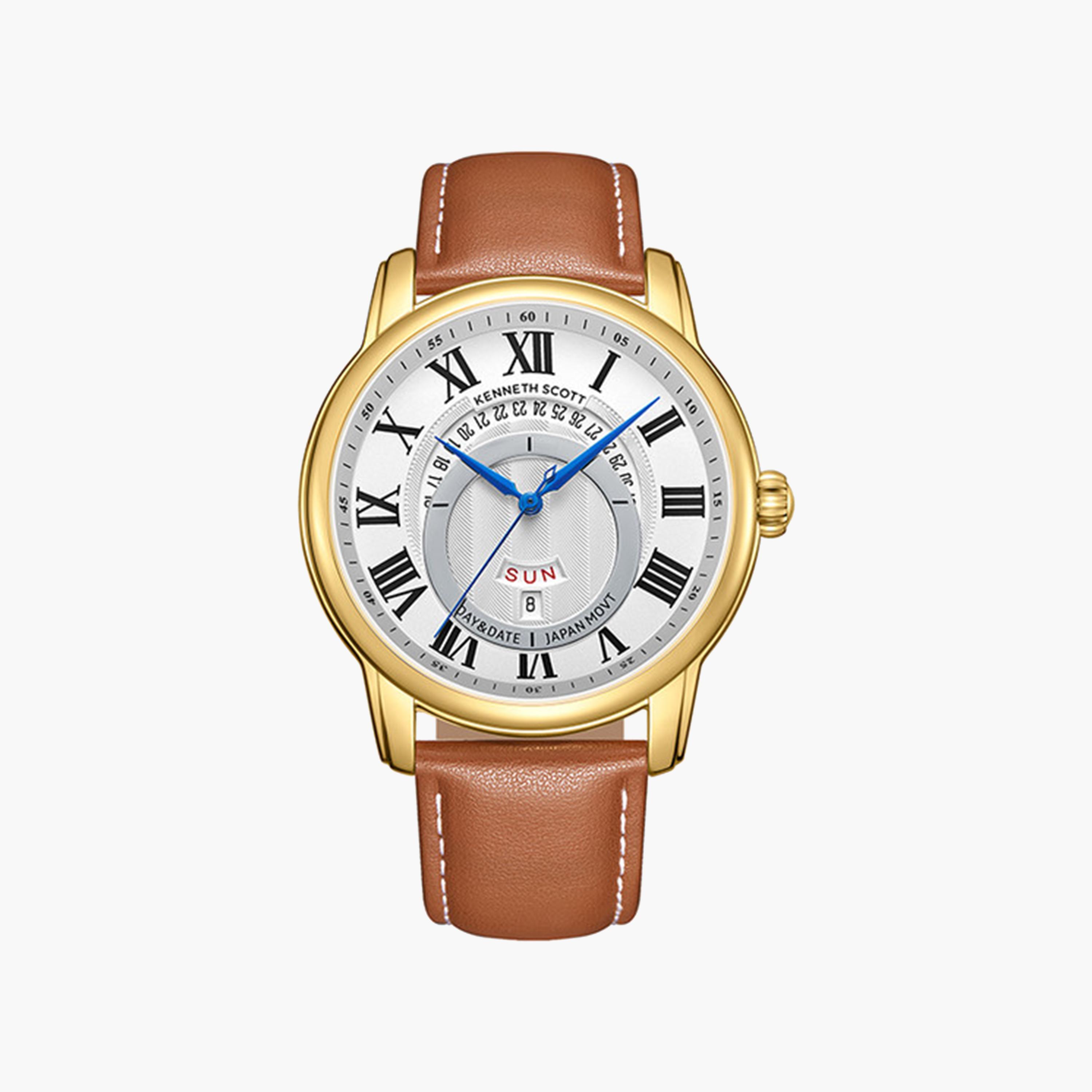 كينيث سكوت-  ساعة رجالية جلدية تناظرية بحزام بني   44 مم | K24020-GLEW-men-watchesandjewellery-watches-image-1
