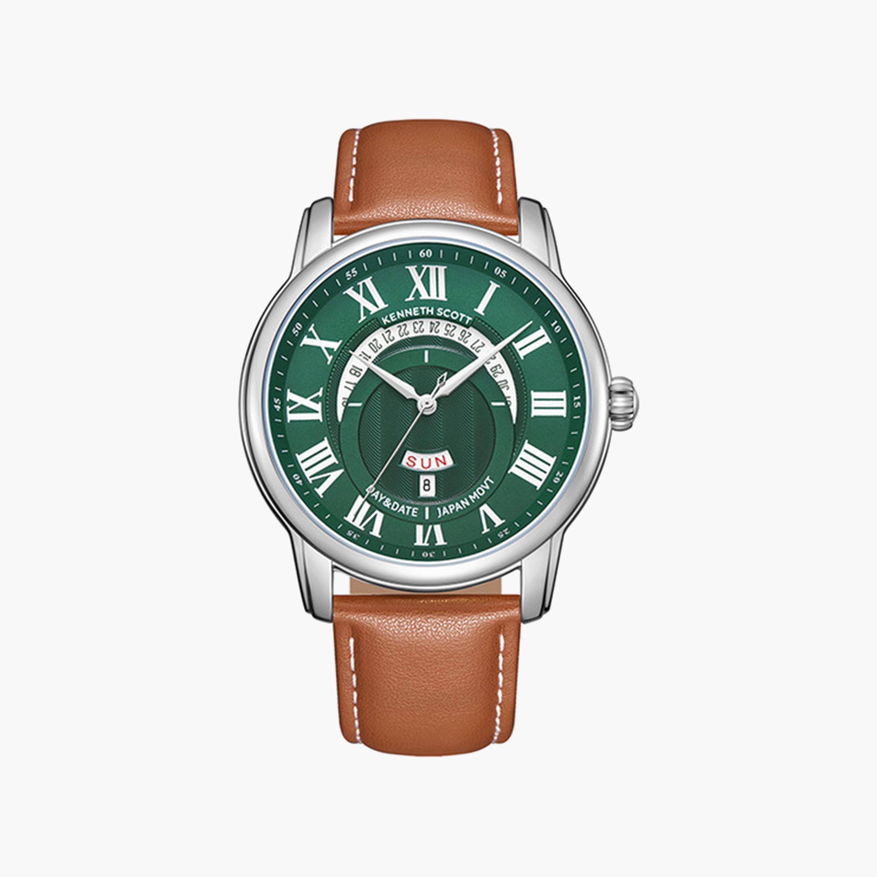 Kenneth Scott Men's 44 MM Brown Strap Analog Leather Watch | K24020-SLEH-men-watchesandjewellery-watches-image-1