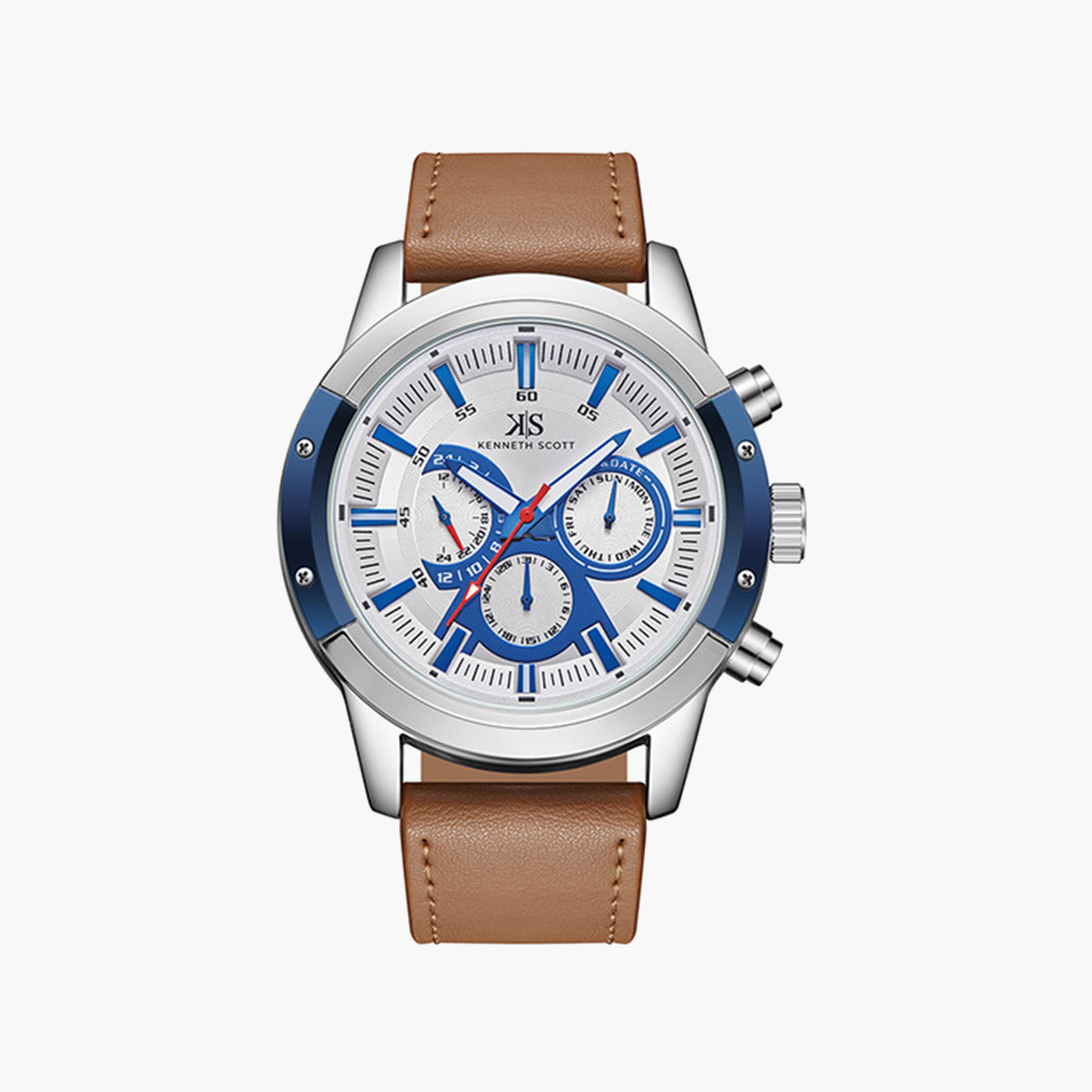 Kenneth Scott Men's 50 MM Brown Strap Chronograph Leather Watch | K24121-SLFWN-men-watchesandjewellery-watches-image-1